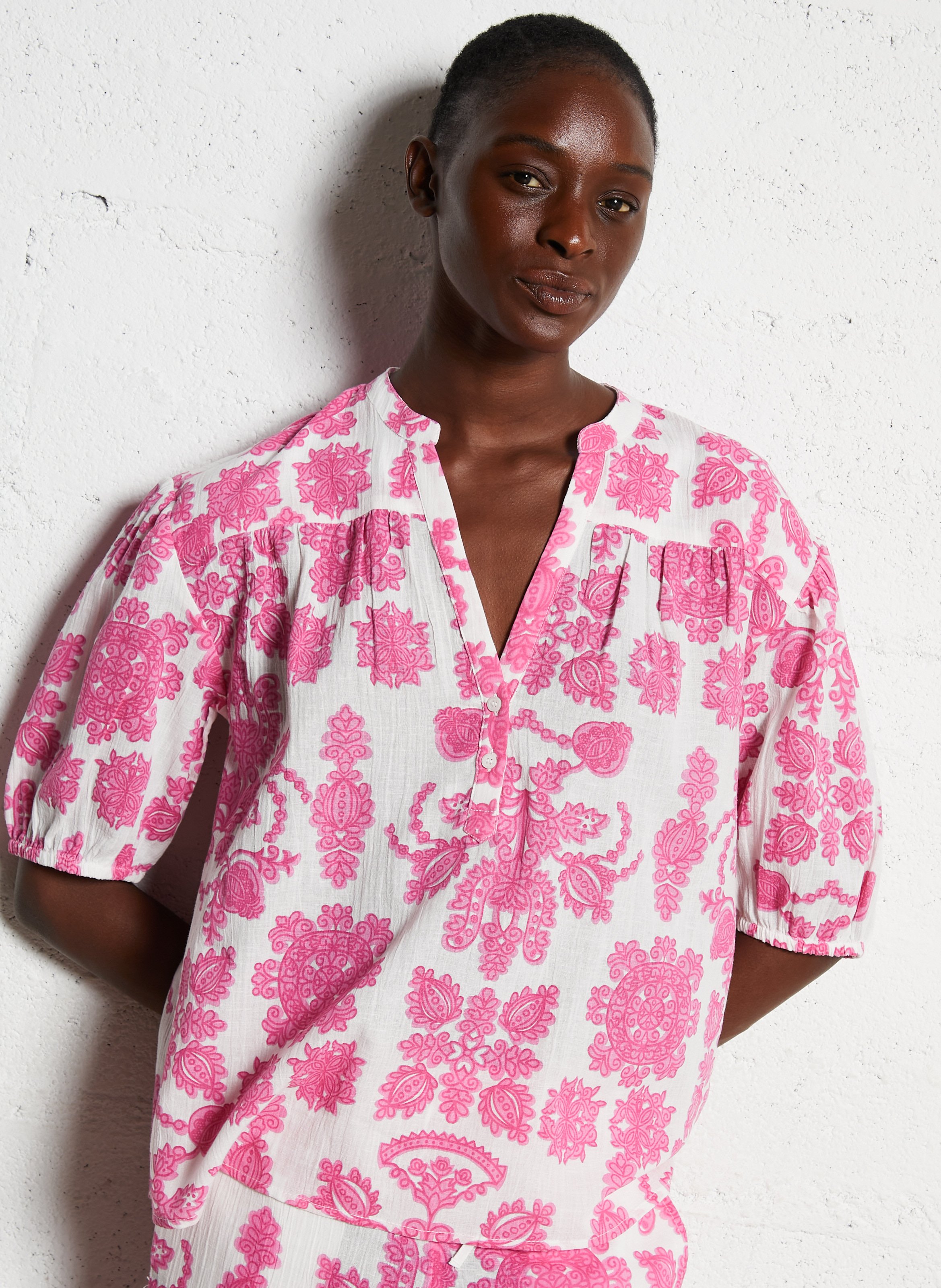 MAISON 123 Blouse droite en coton mélangé imprimé sun Rose