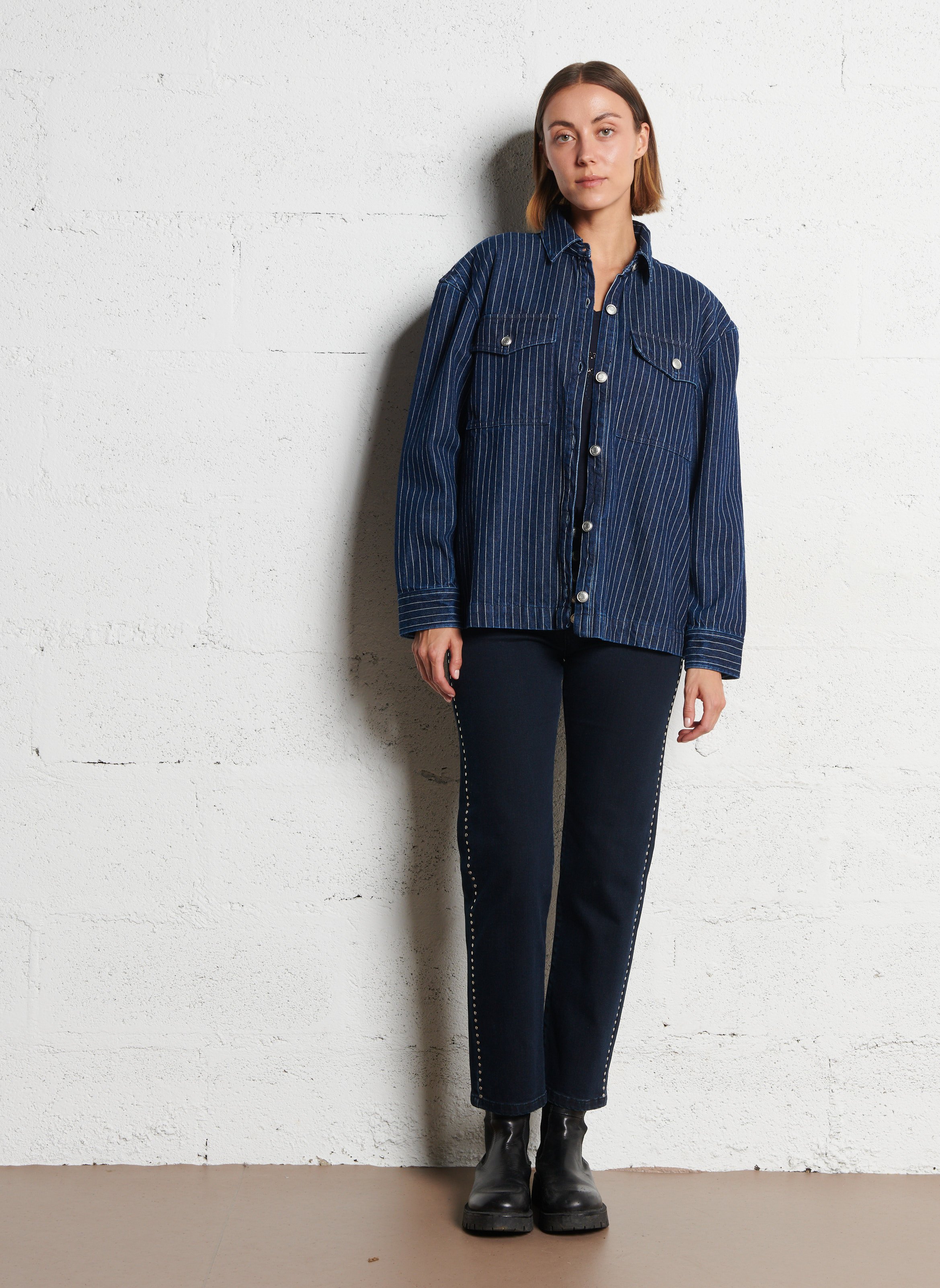 Chemise droite en coton rayé IKKS Blanc