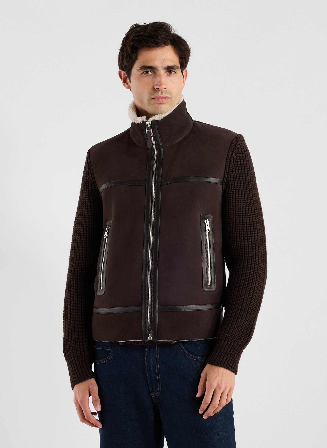 MACKAGE Veste col montant en cuir et laine mérinos Marron