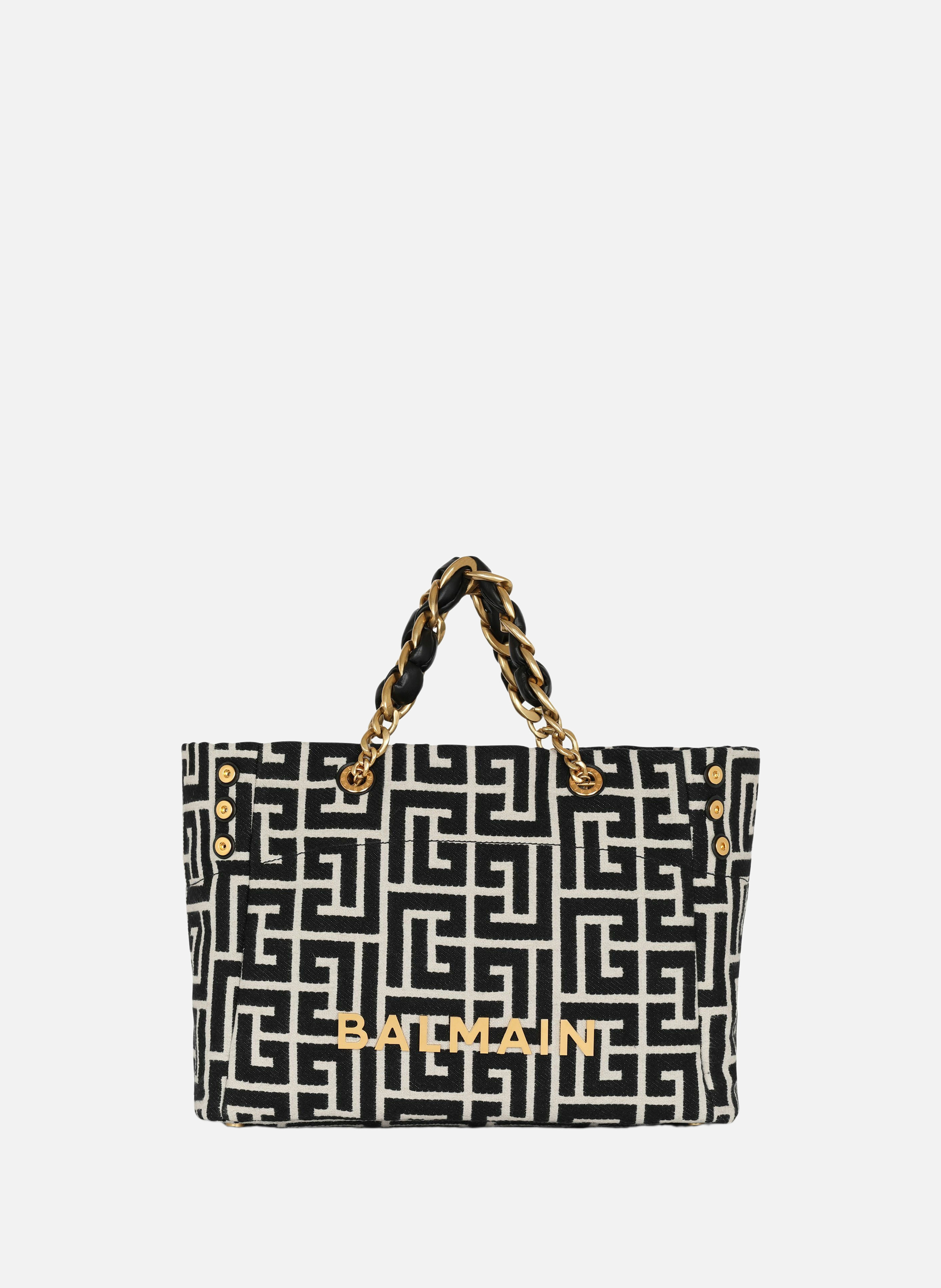 Sac cabas 1945 soft en toile jacquard à monogramme pb BALMAIN Noir
