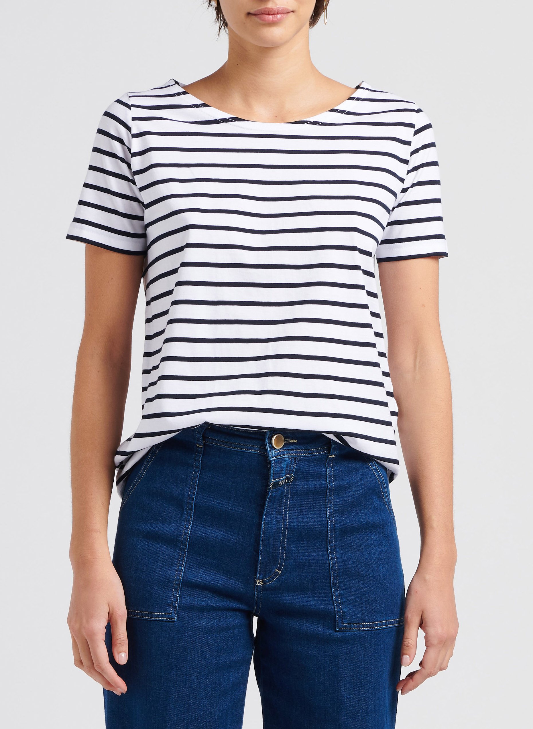 Tee-shirt col bateau rayé en coton léger ARMOR-LUX Blanc