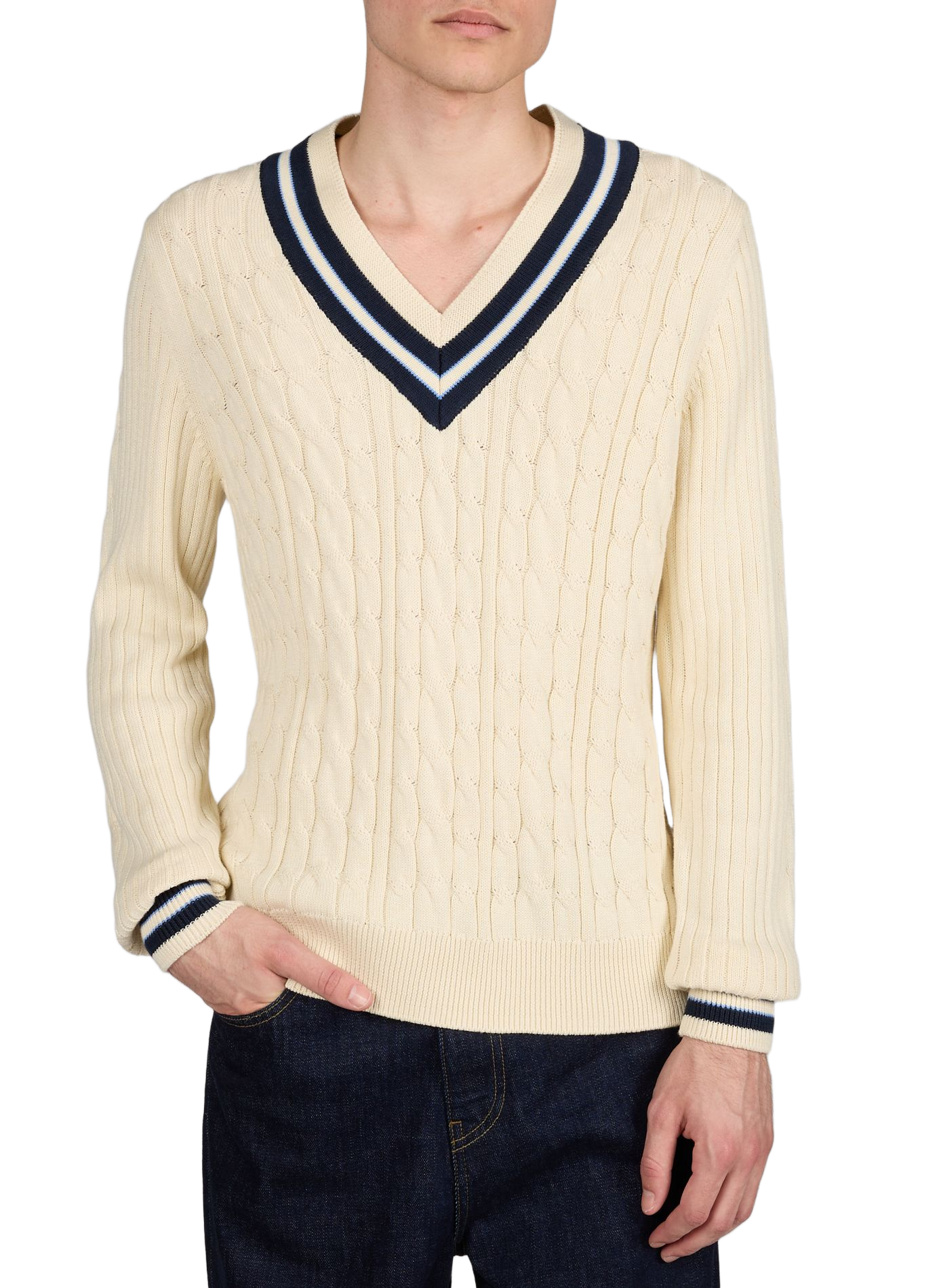 Pull col V en maille tressée HACKETT Blanc