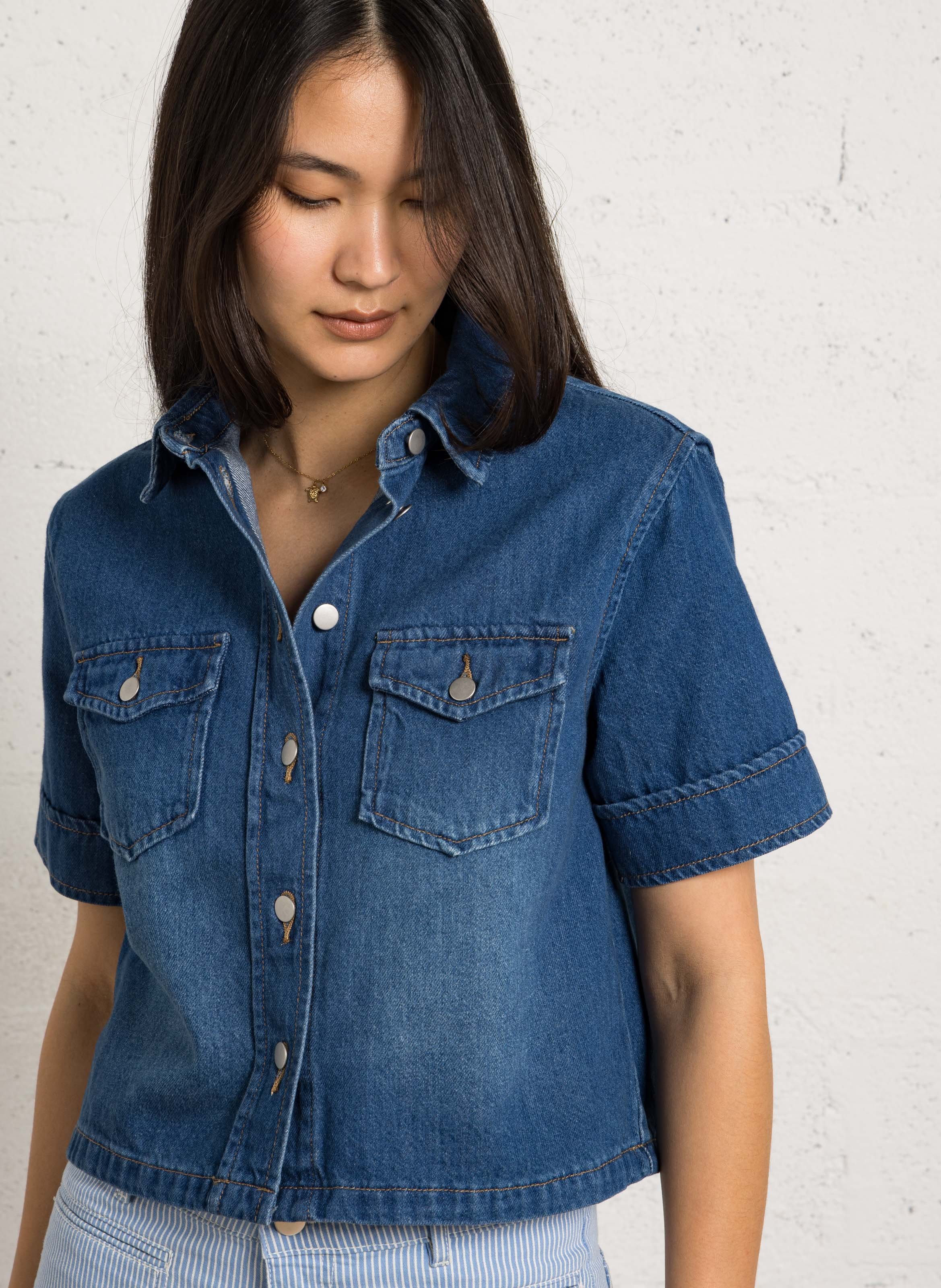 Chemise col classique en denim de coton diego MAISON 123 Bleu