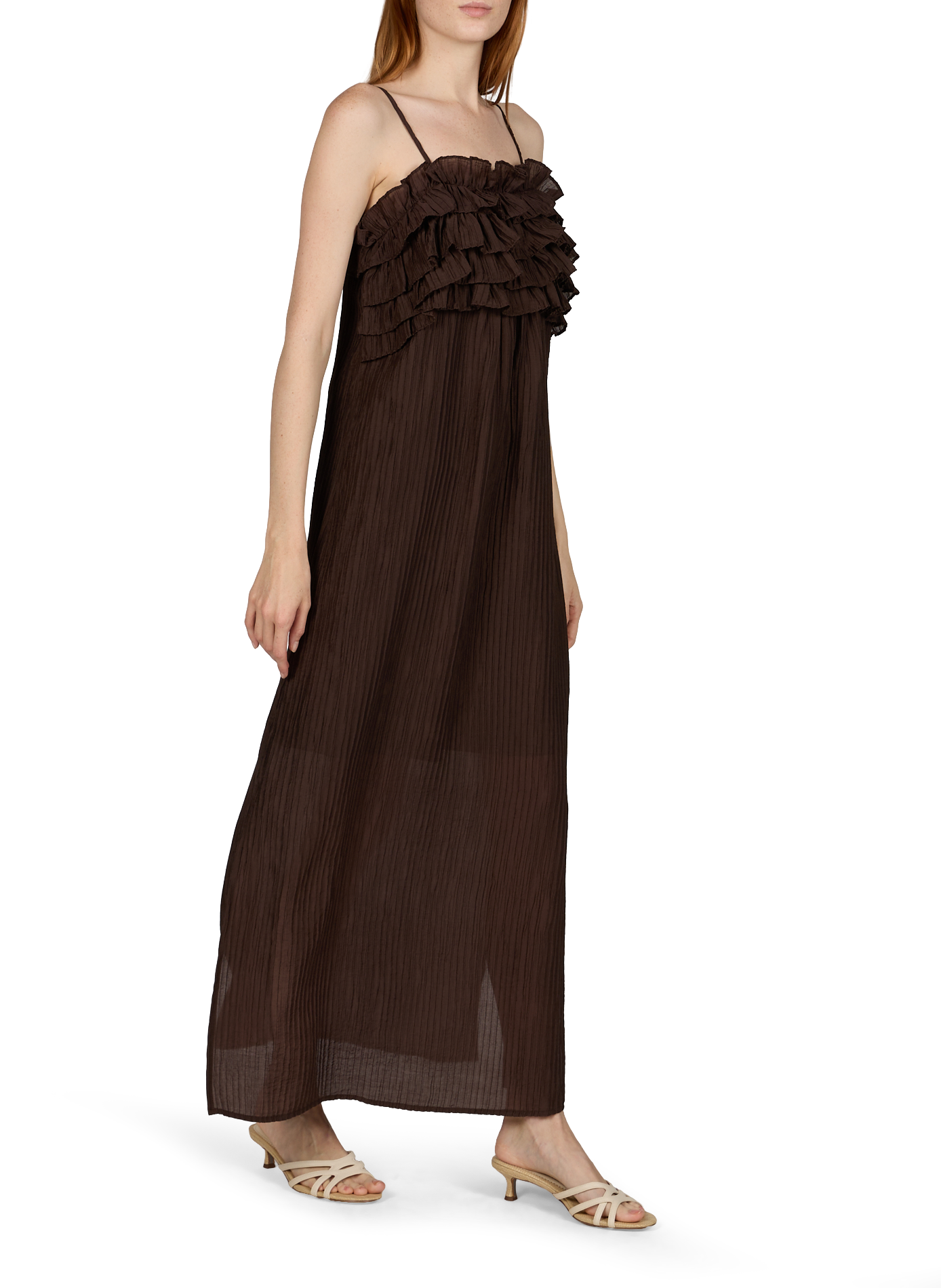 Pleated dress with thin straps OBJECT Brown