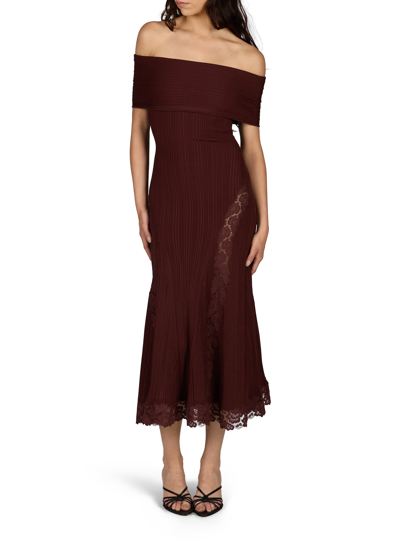Knit and lace off-the-shoulder dress SELF PORTRAIT Red