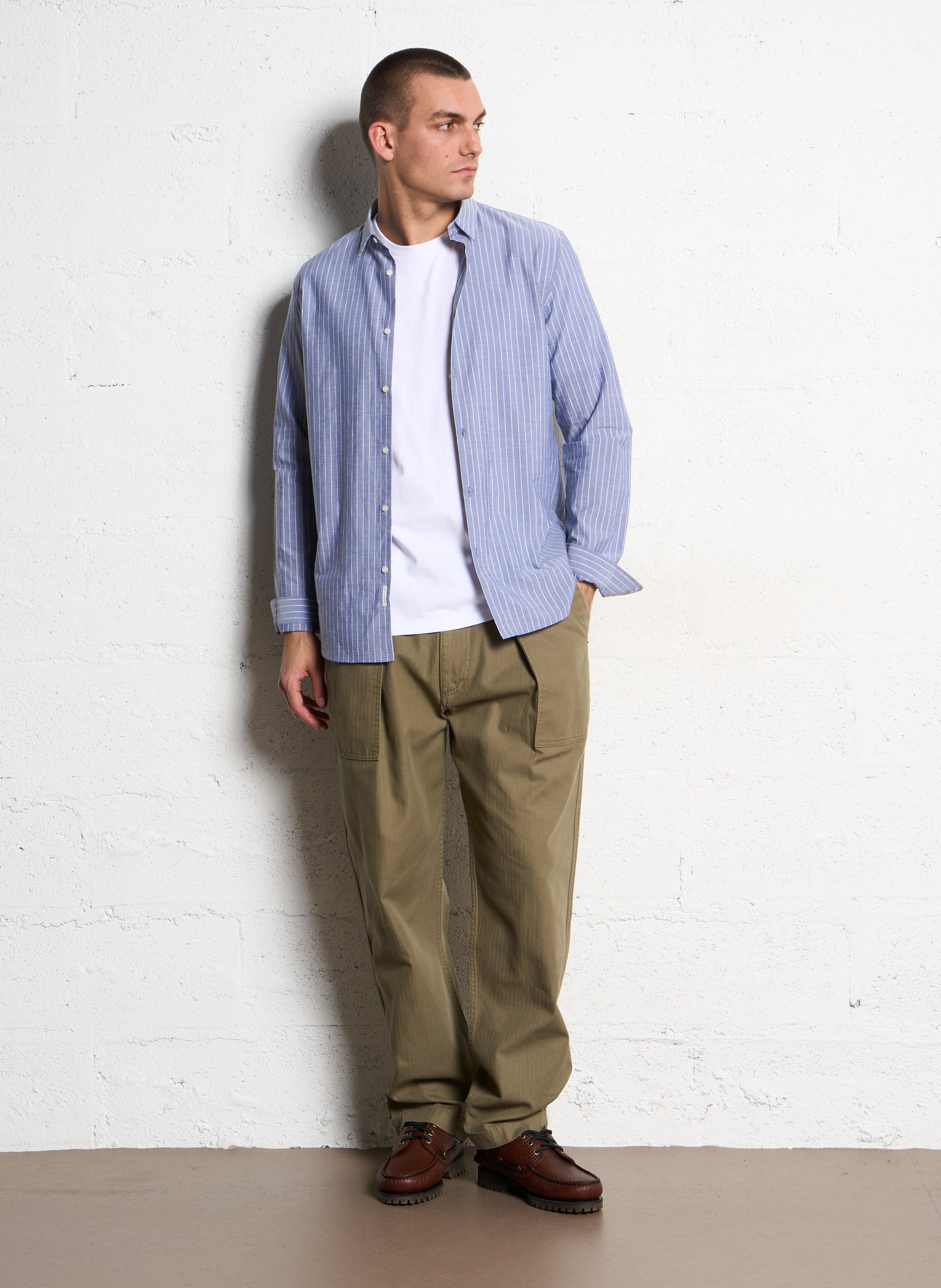 Chemise slim-fit col parisien rayée en coton et lin IKKS Bleu