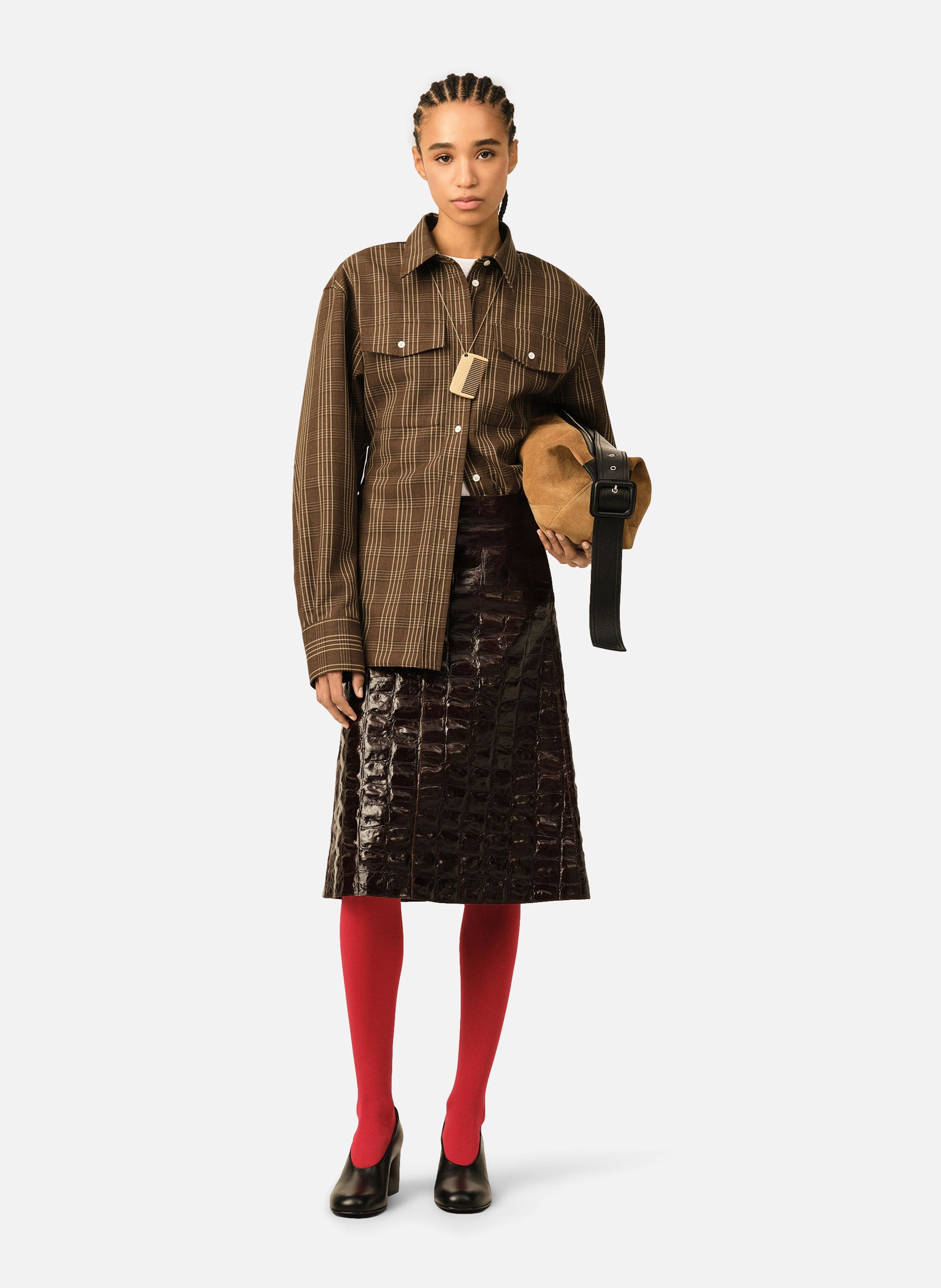 Chemise à carreaux cintrée en laine AMI PARIS Marron