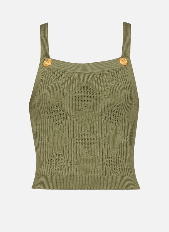 Top court en maille ajourée vichy Vert by BALMAIN BALMAIN Top court en maille ajourée vichy Vert