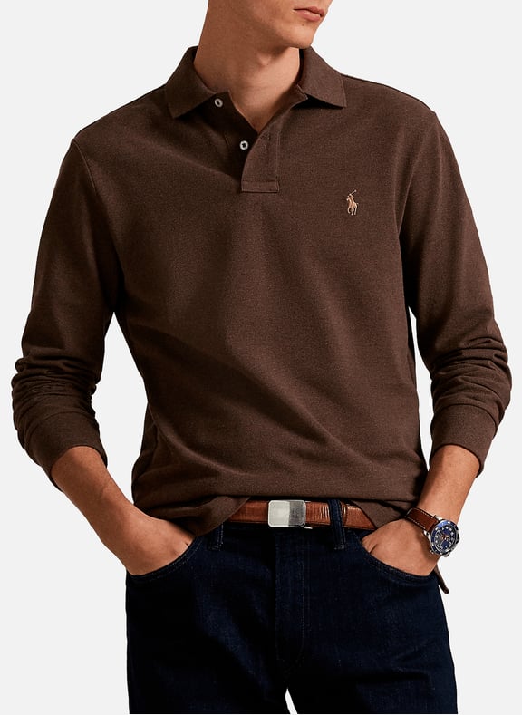 Polo slim à manches longues en maille piqué de coton Beige by POLO RALPH LAUREN POLO RALPH LAUREN Polo slim à manches longues en maille piqué de coton Beige