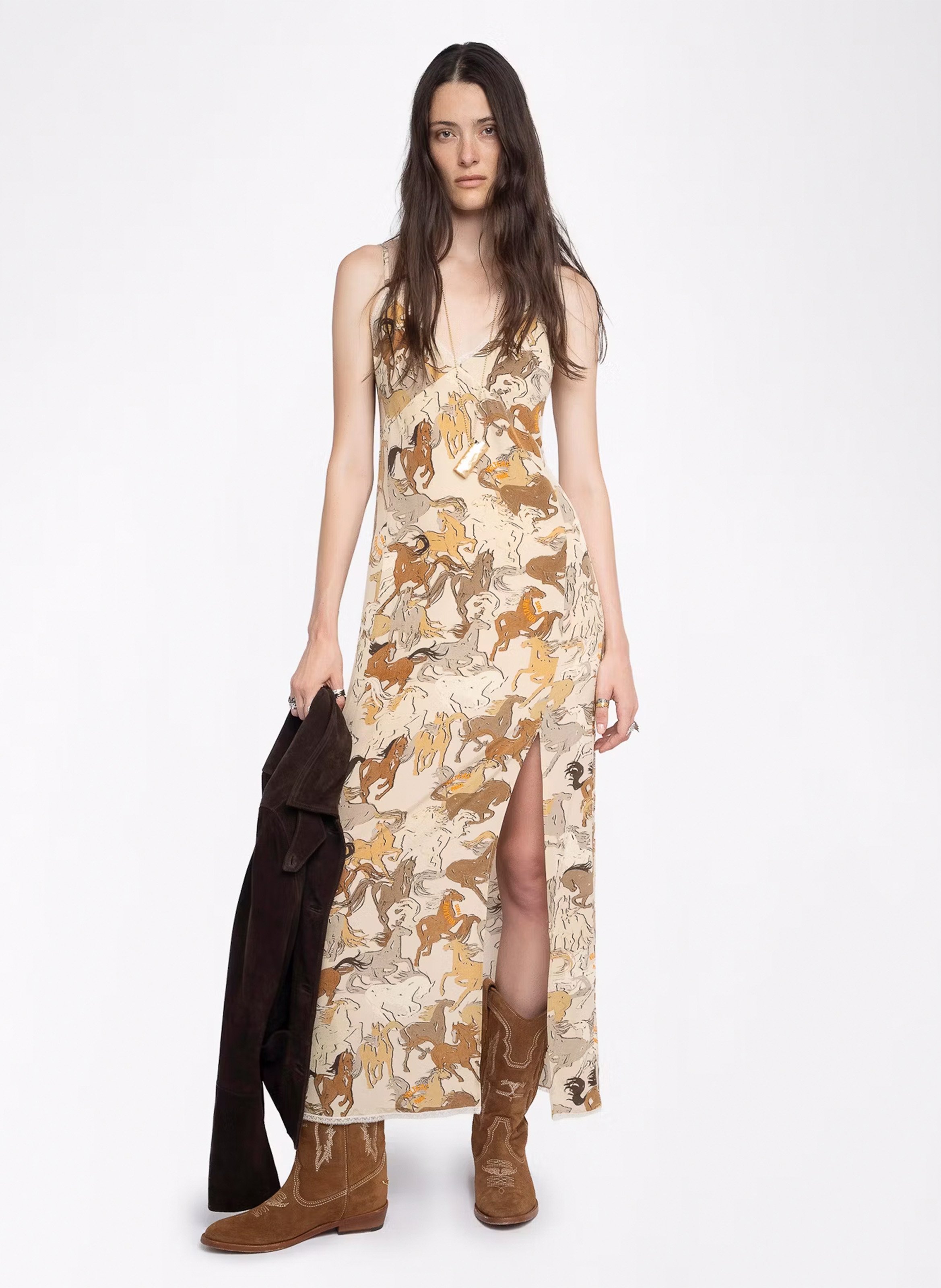 Robe droite col v en soie imprimée ramelil ZADIG&VOLTAIRE Blanc