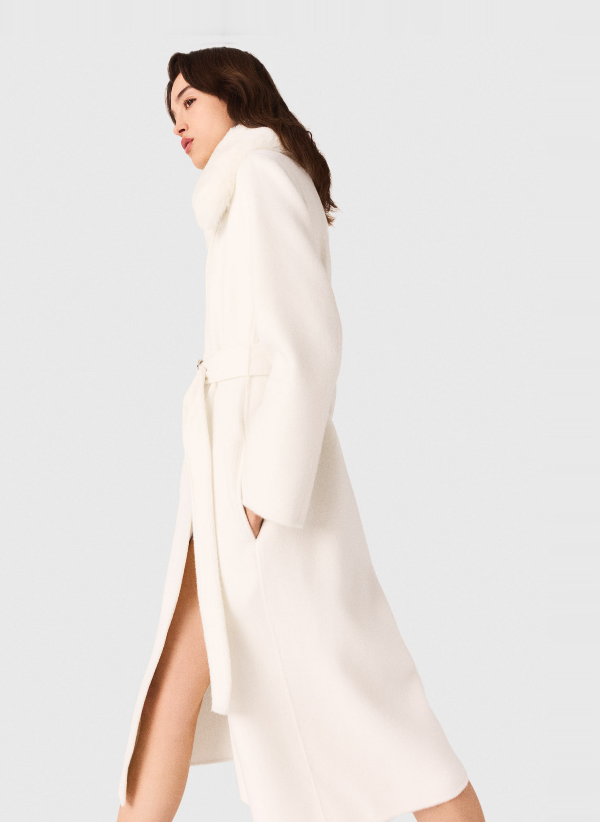 Manteau col fourrure en laine MAJE Beige