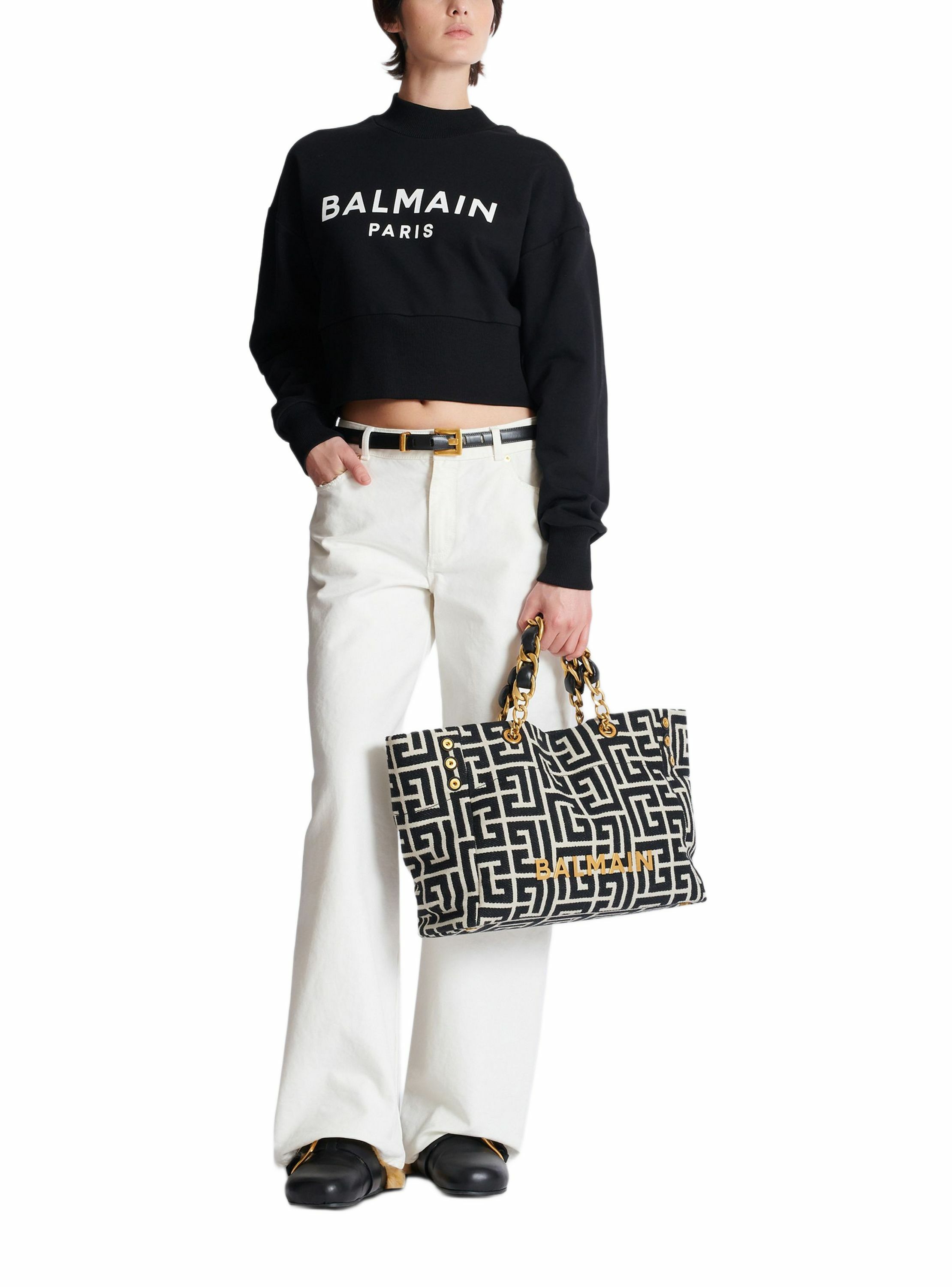 Sac cabas 1945 soft en toile jacquard à monogramme pb BALMAIN Noir