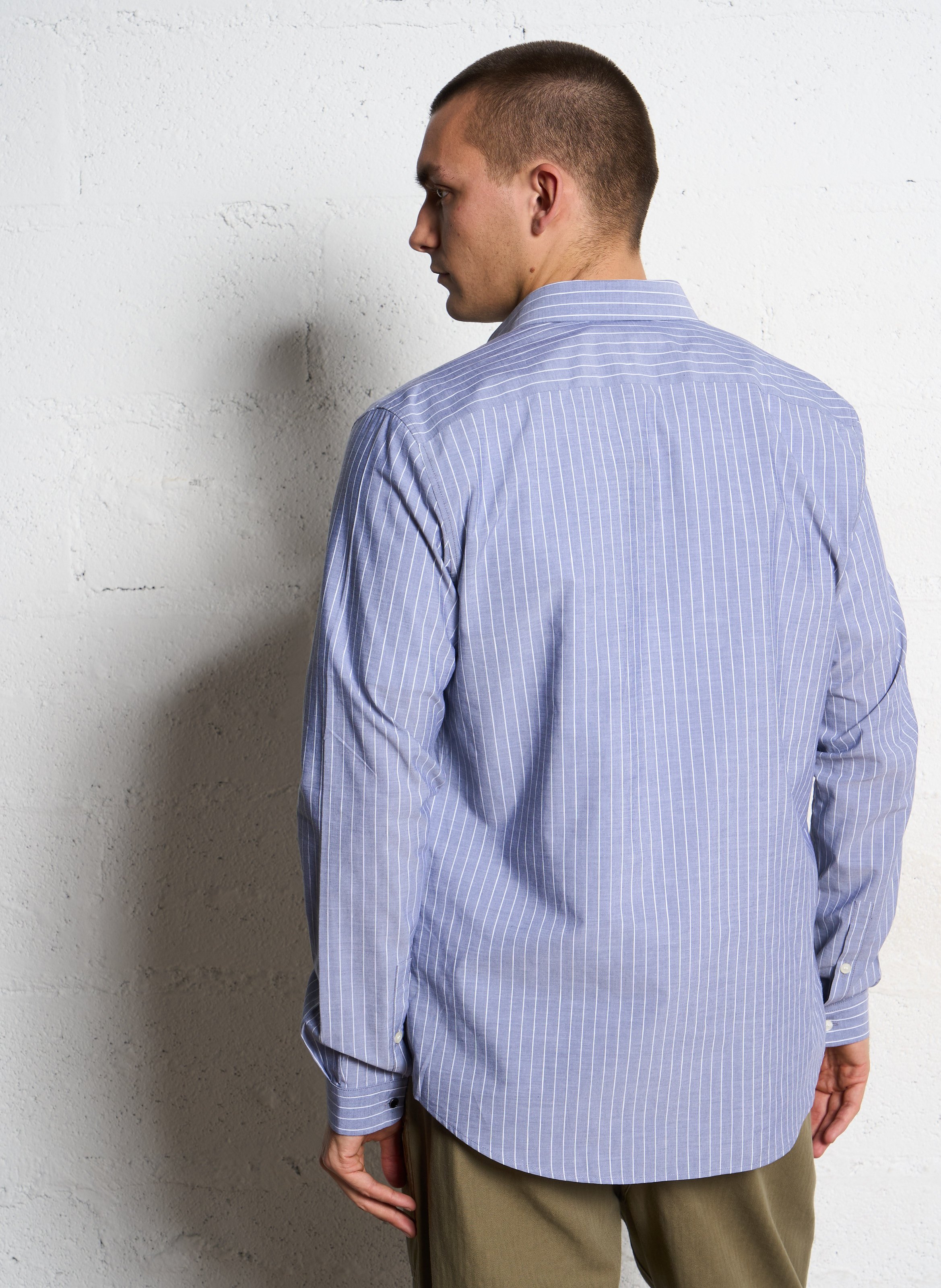 Chemise slim-fit col parisien rayée en coton et lin IKKS Bleu