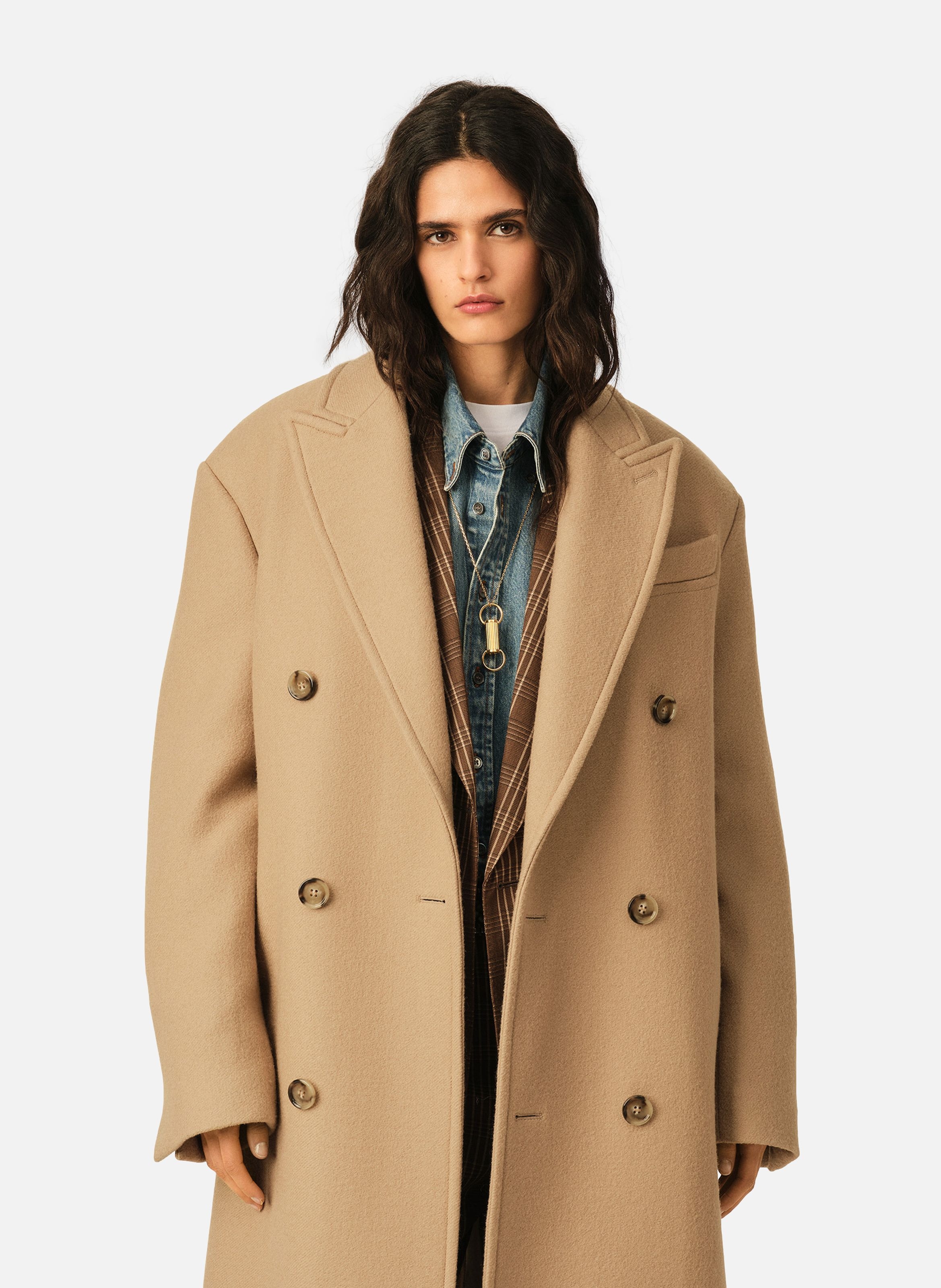 Manteau long double boutonnage en laine AMI PARIS Beige