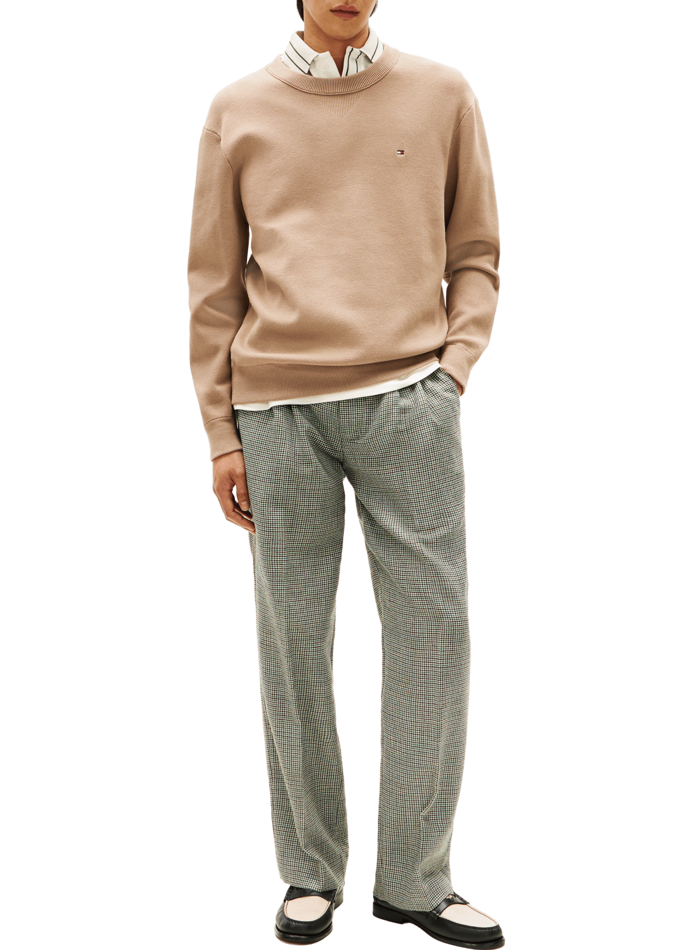 Round neck textured cotton blend sweater TOMMY HILFIGER Beige