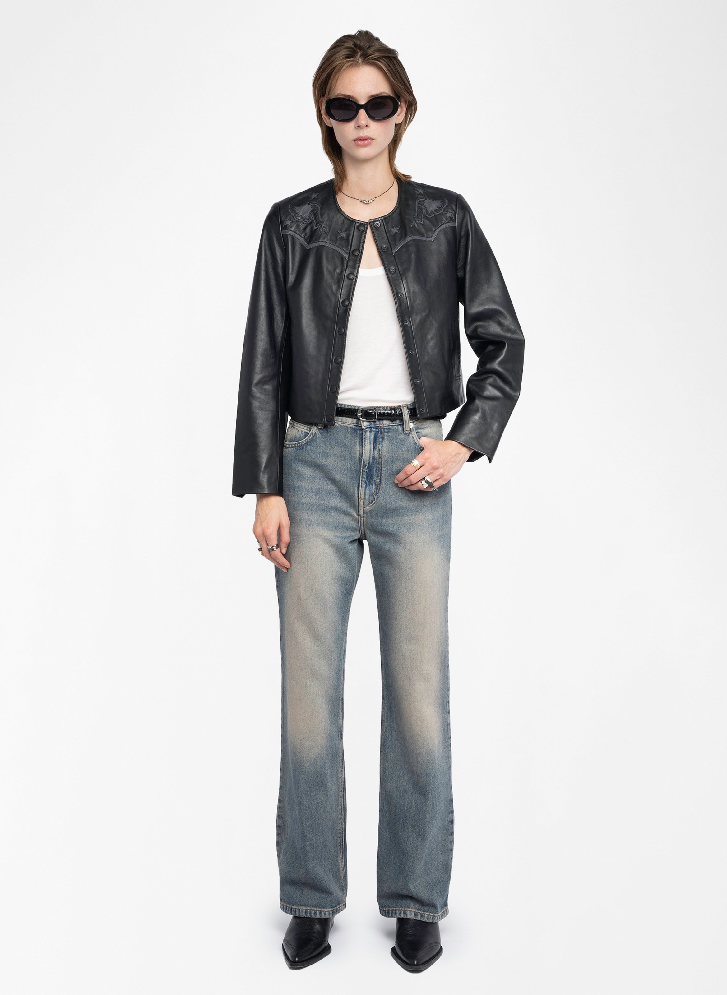 Blouson col rond en cuir luxi ZADIG&VOLTAIRE Noir