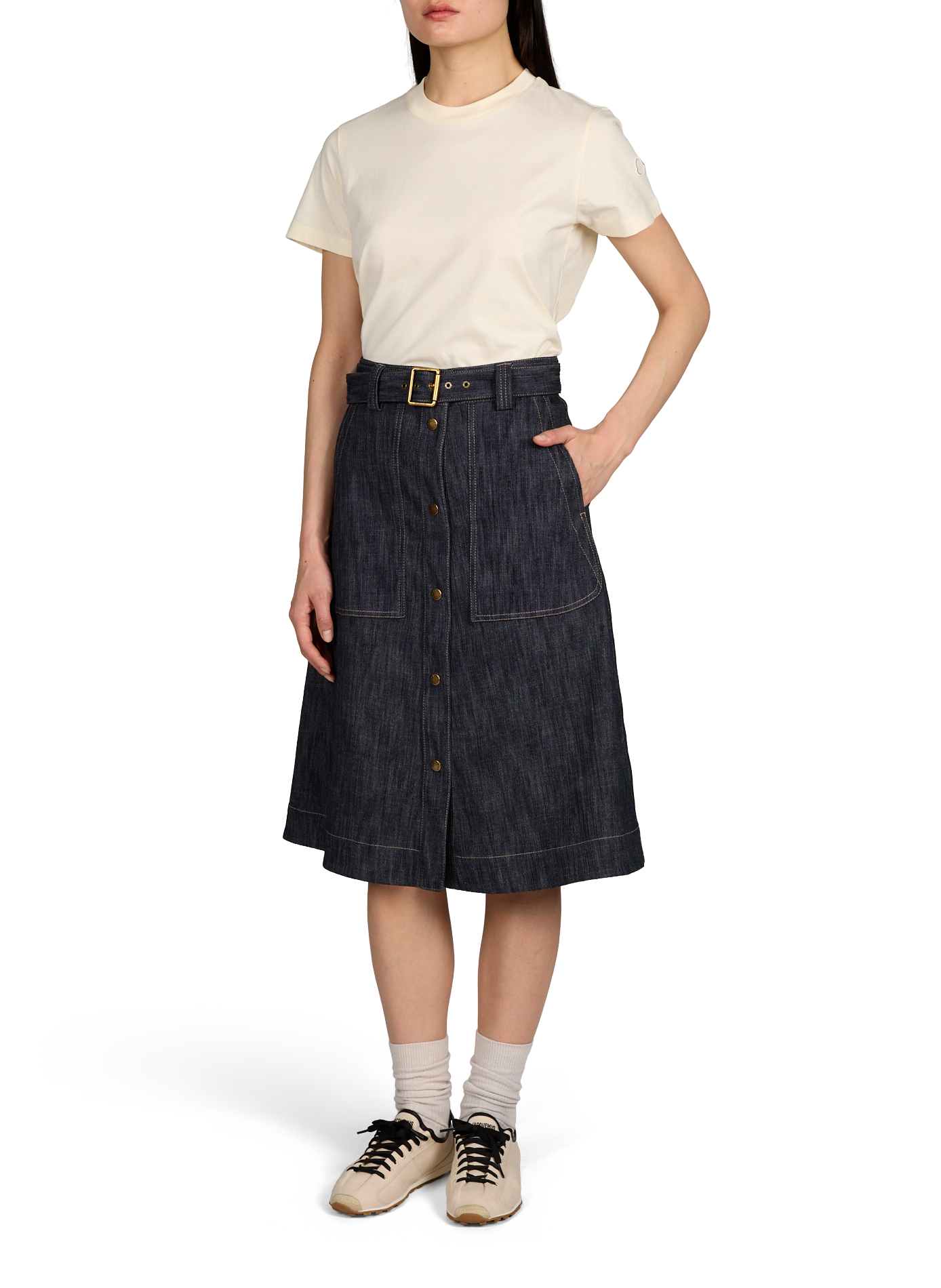 T-shirt uni à col rond en coton MONCLER Blanc