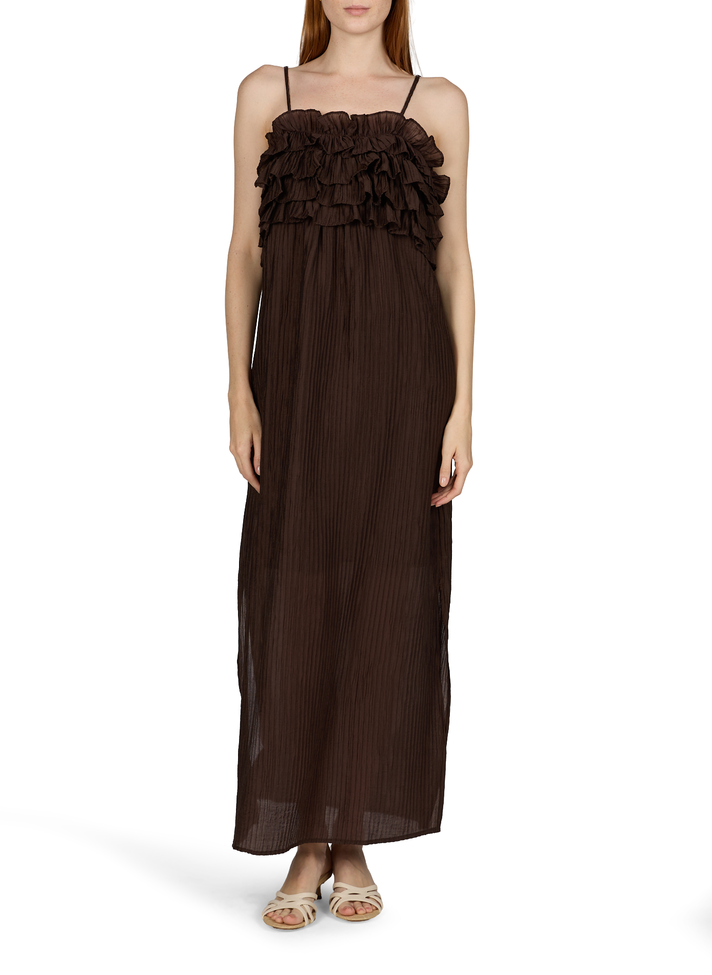 Pleated dress with thin straps OBJECT Brown
