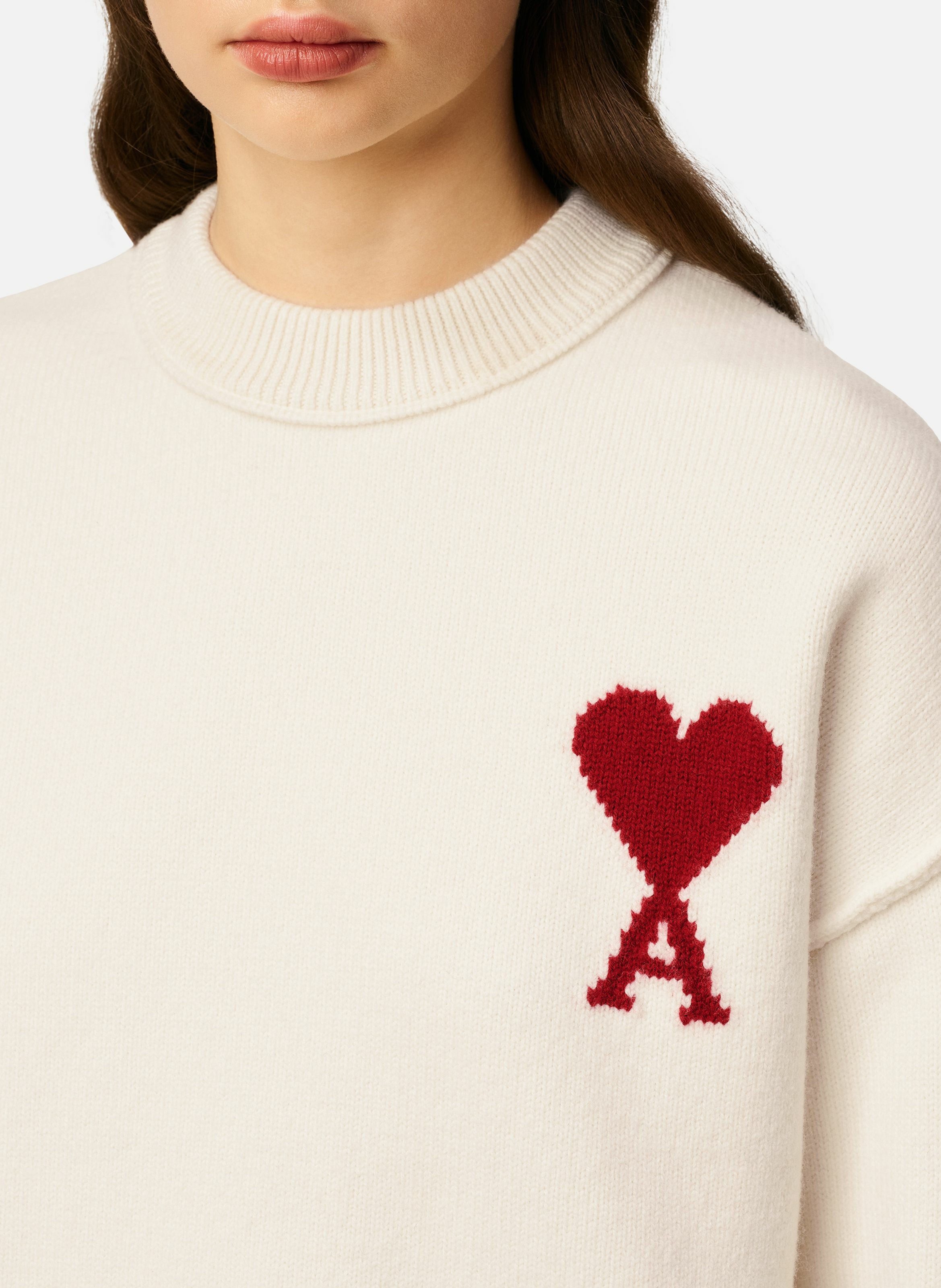 Pull col rond ami de coeur en laine unisexe AMI PARIS Blanc