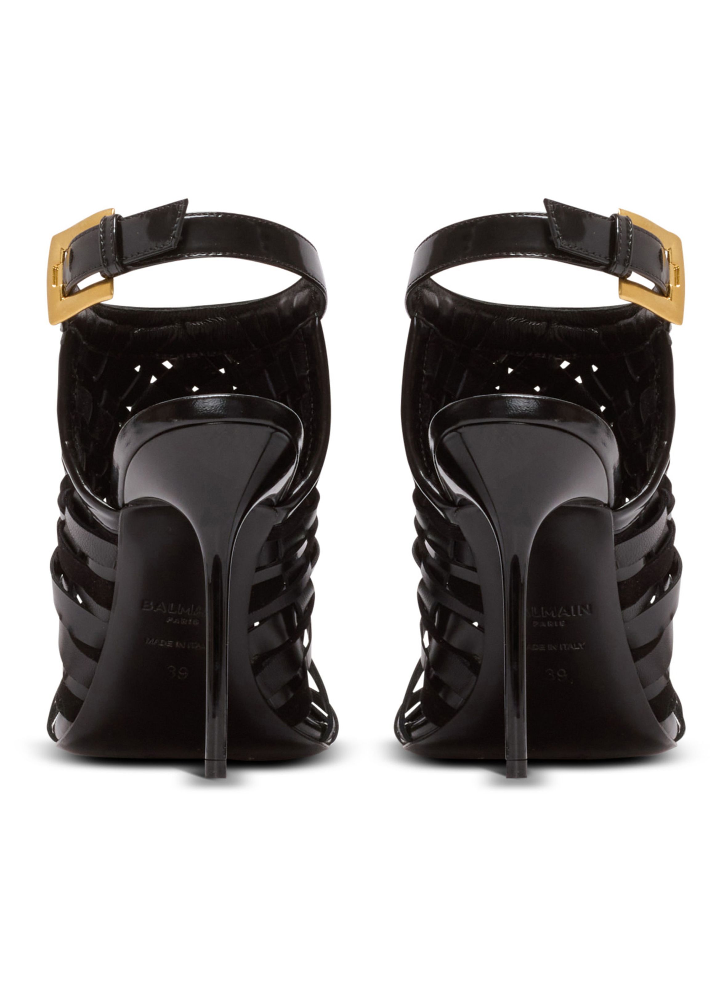 Sandales à franges en cuir verni BALMAIN Noir