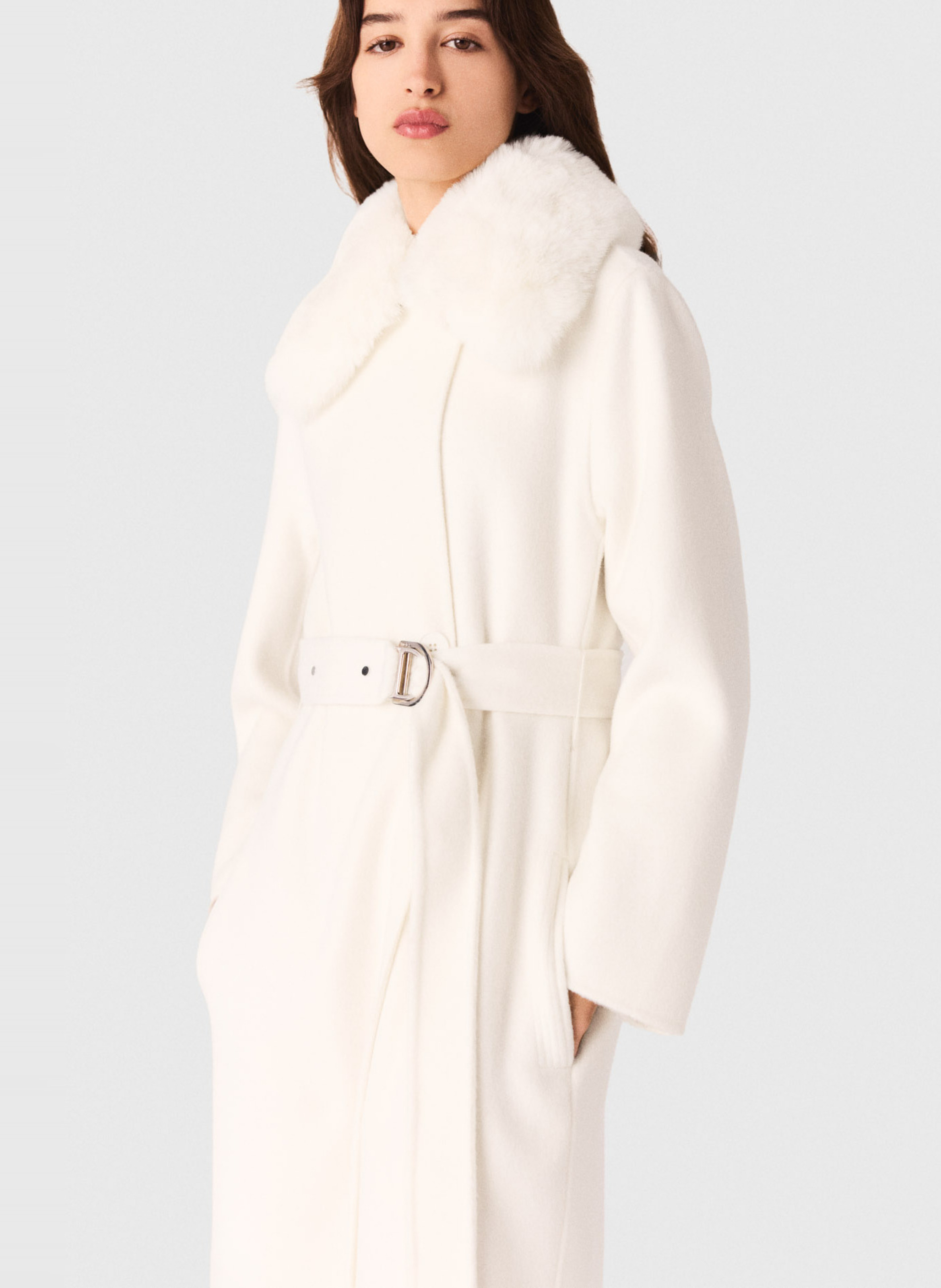 Manteau col fourrure en laine MAJE Beige