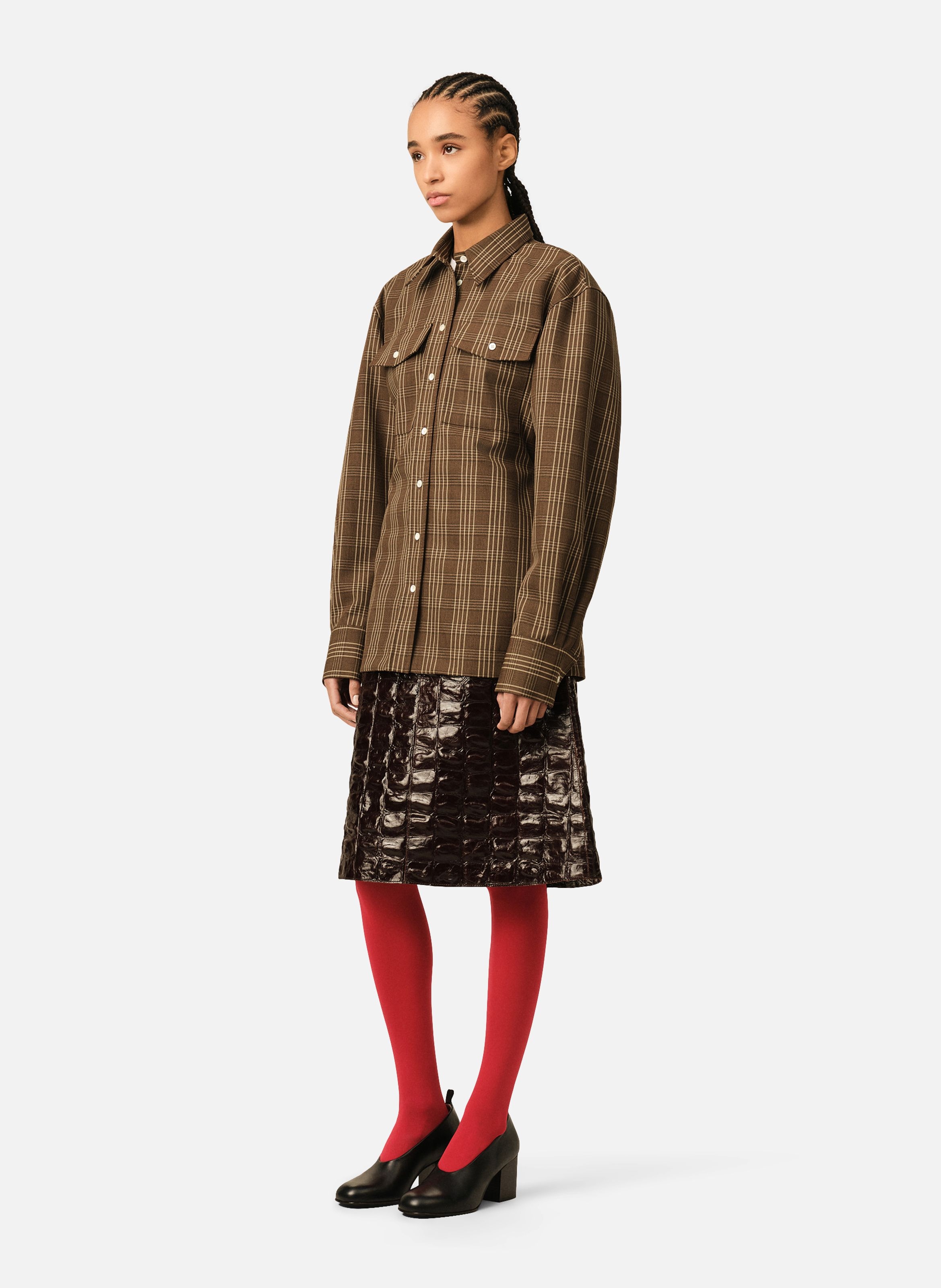 Chemise à carreaux cintrée en laine AMI PARIS Marron