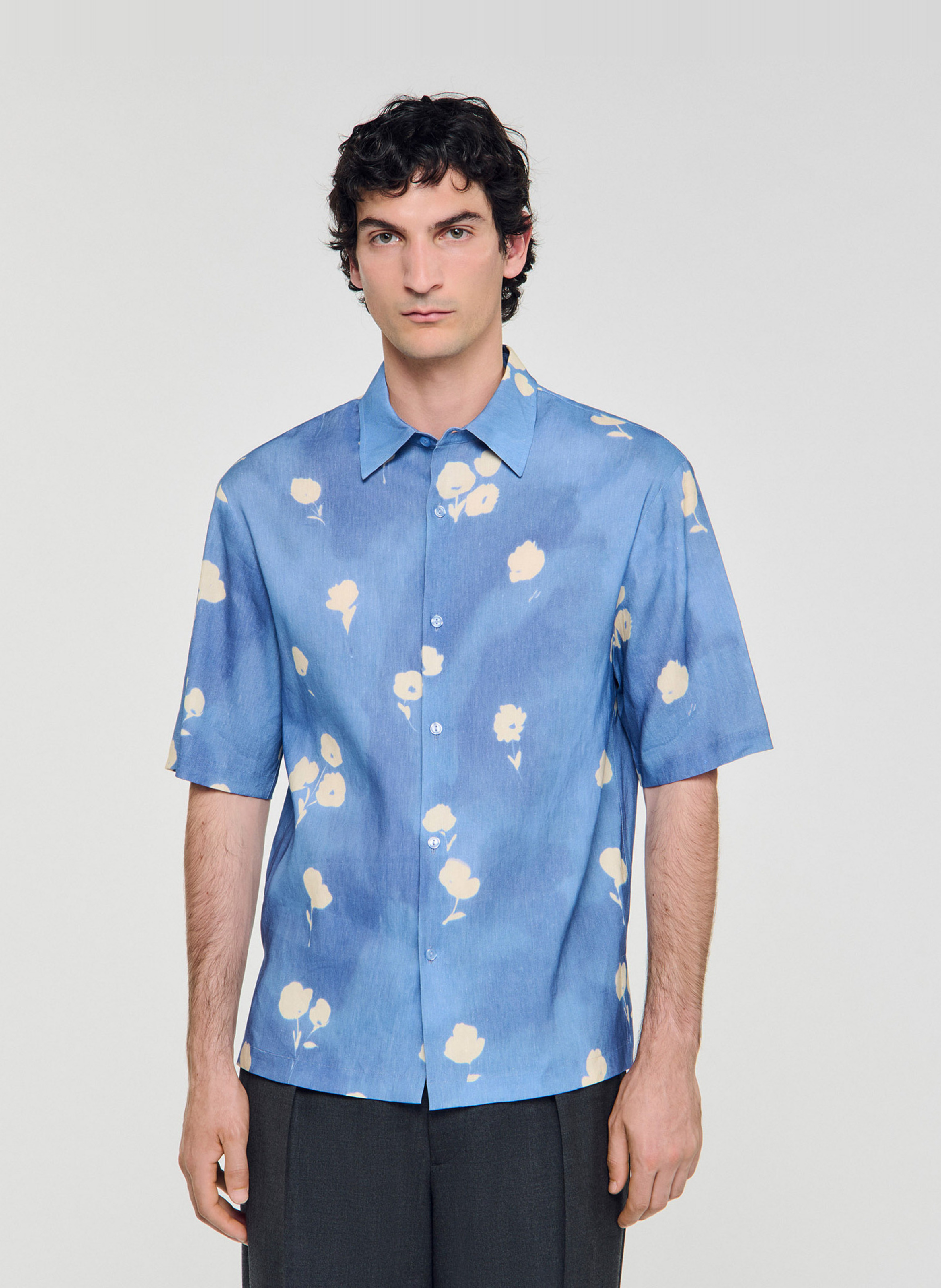 Chemise imprimé floral en lin SANDRO Bleu