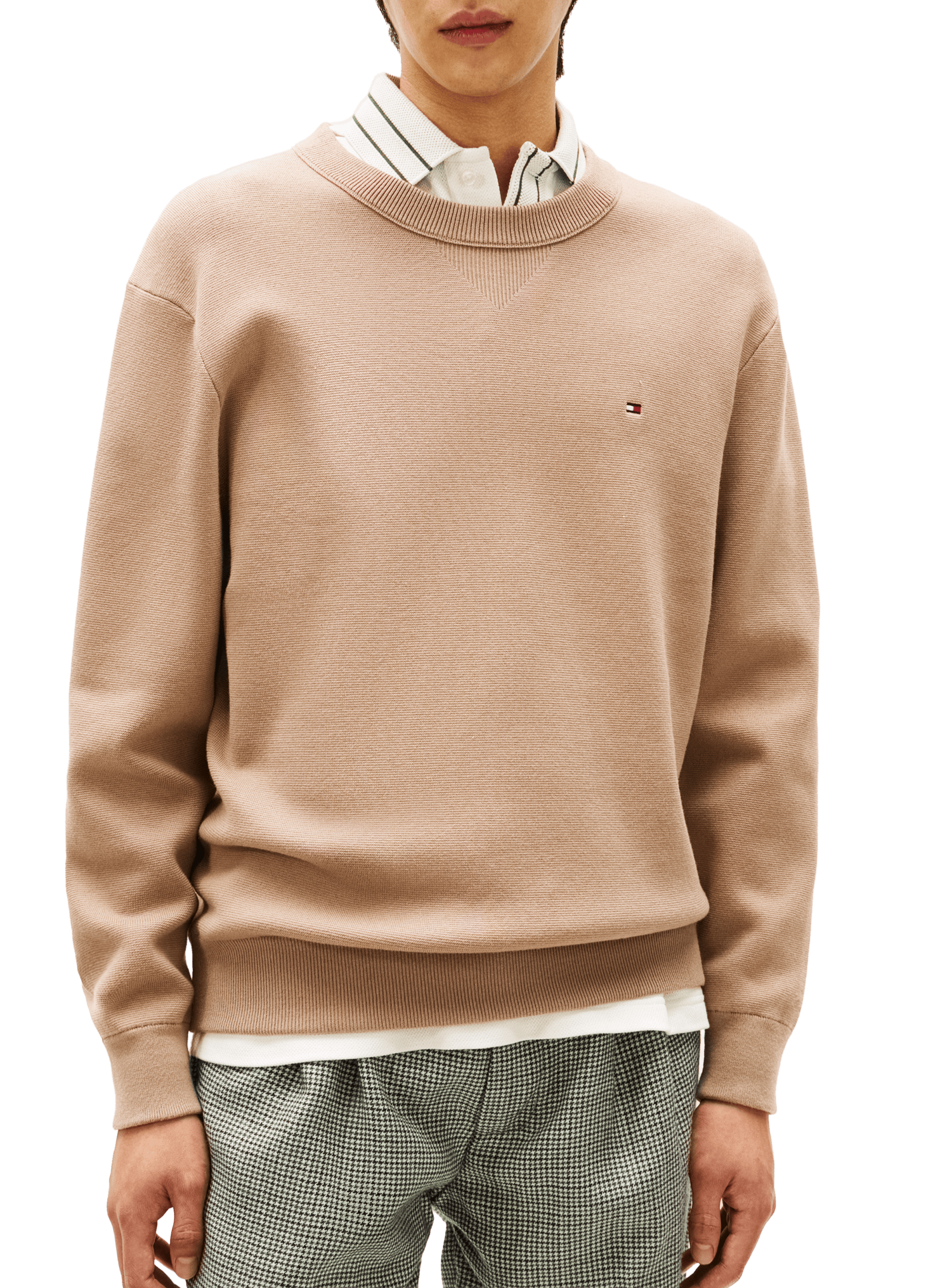 Round neck textured cotton blend sweater TOMMY HILFIGER Beige