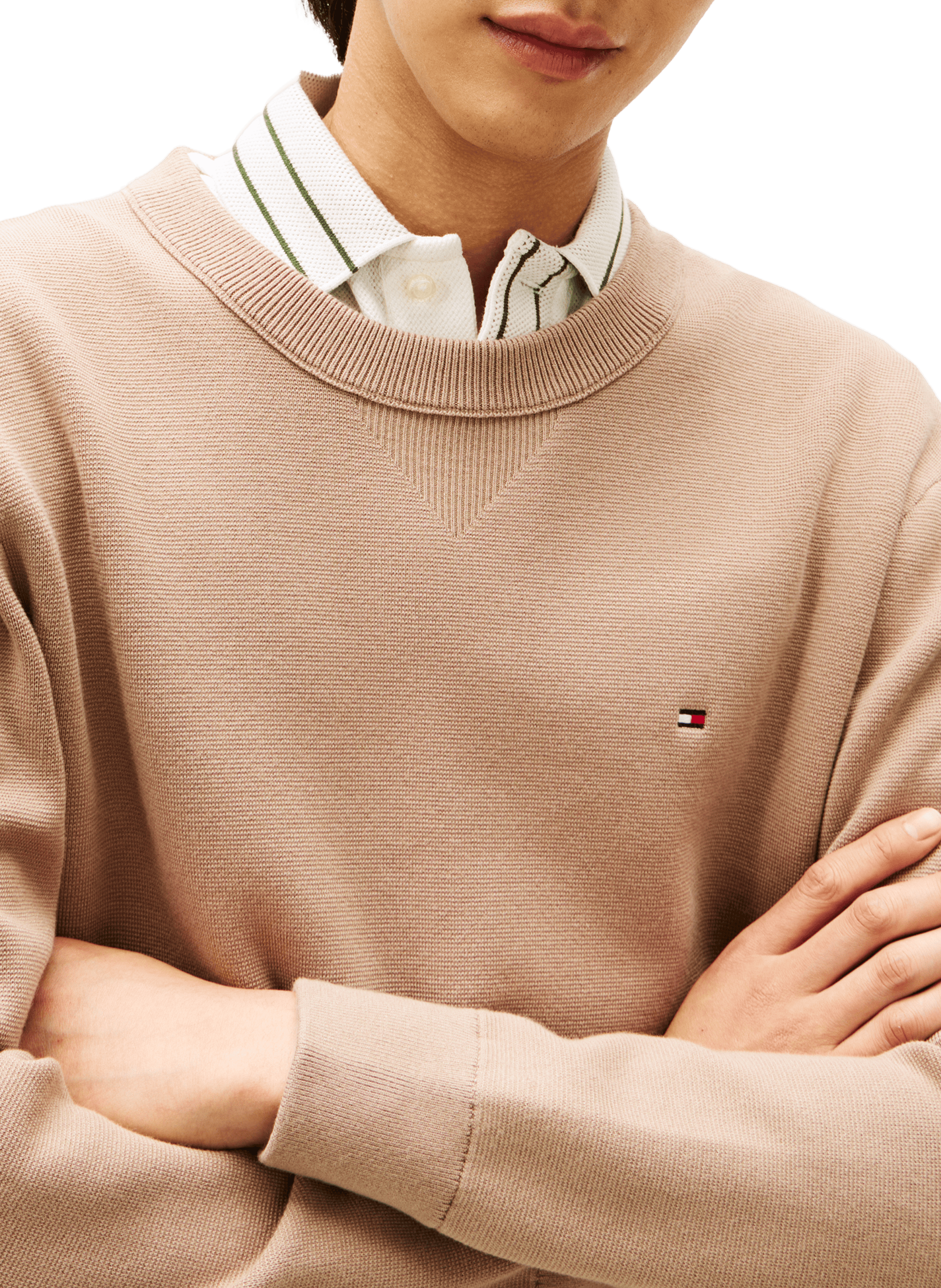 Round neck textured cotton blend sweater TOMMY HILFIGER Beige