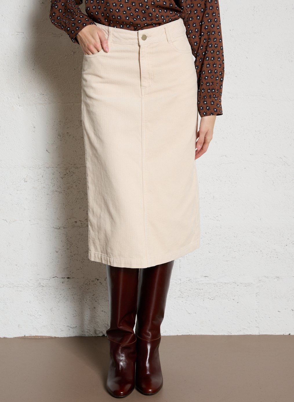 MAISON 123 Jupe midi en coton côtelé kayne Beige