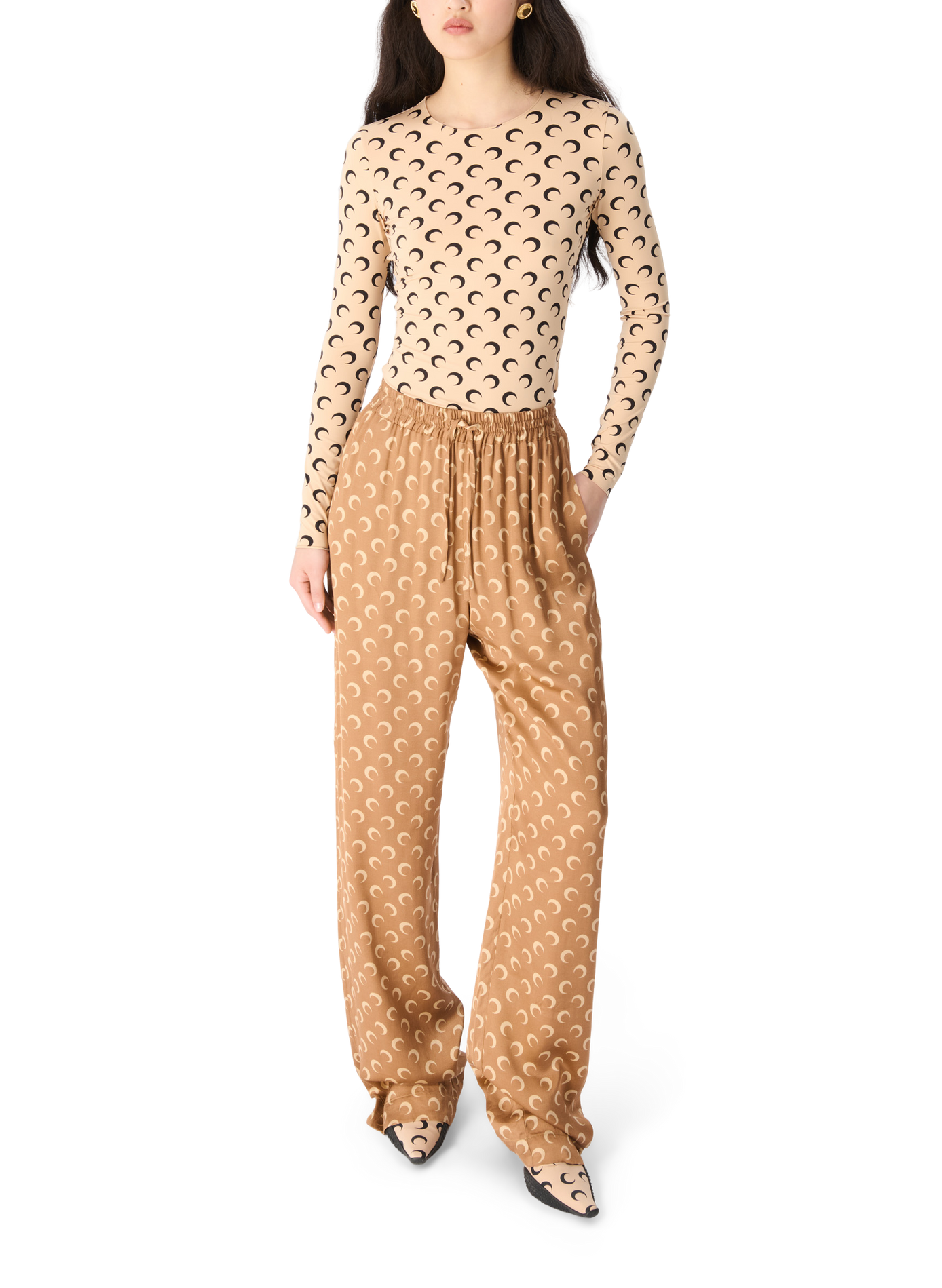 Top à manches longues et col rond en jersey imprimé moon MARINE SERRE Beige