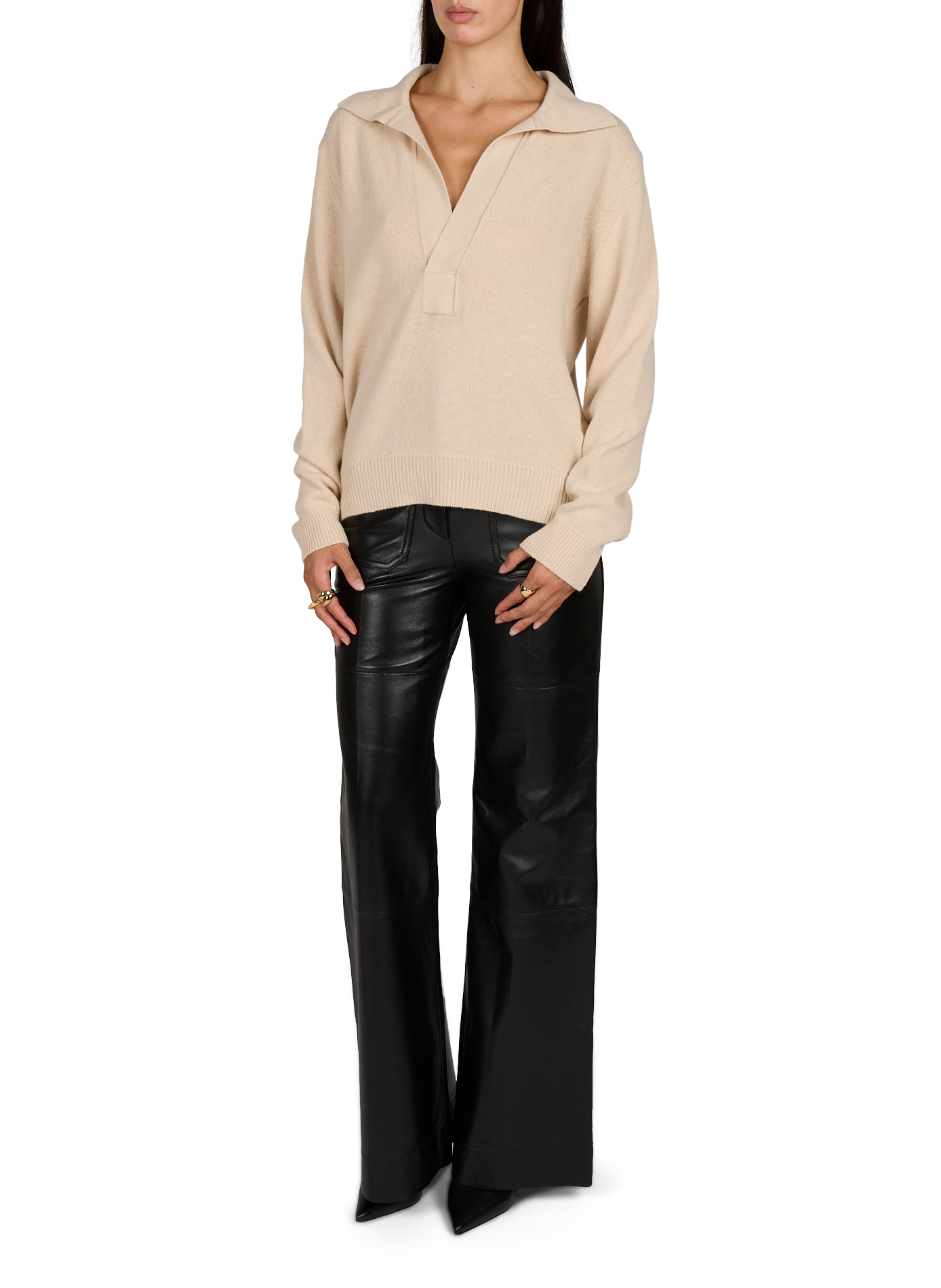 V-neck wool and cashmere sweater with lapel VICTORIA BECKHAM Beige