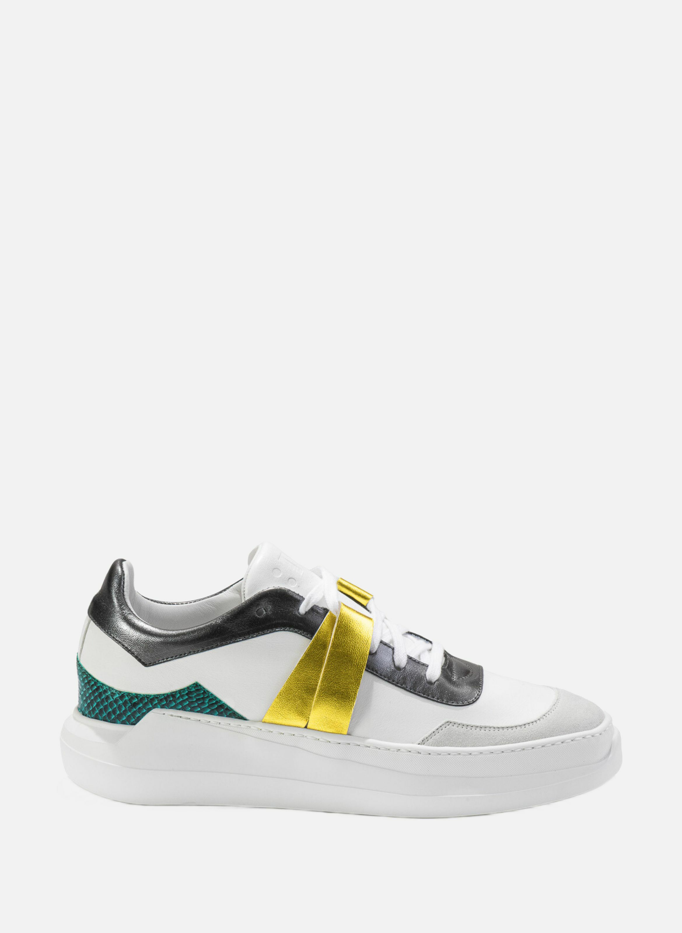 G225 : émeraude - sneakers en cuir lisse blanc avec empiècements gris, jaune et vert EVI Multicolore