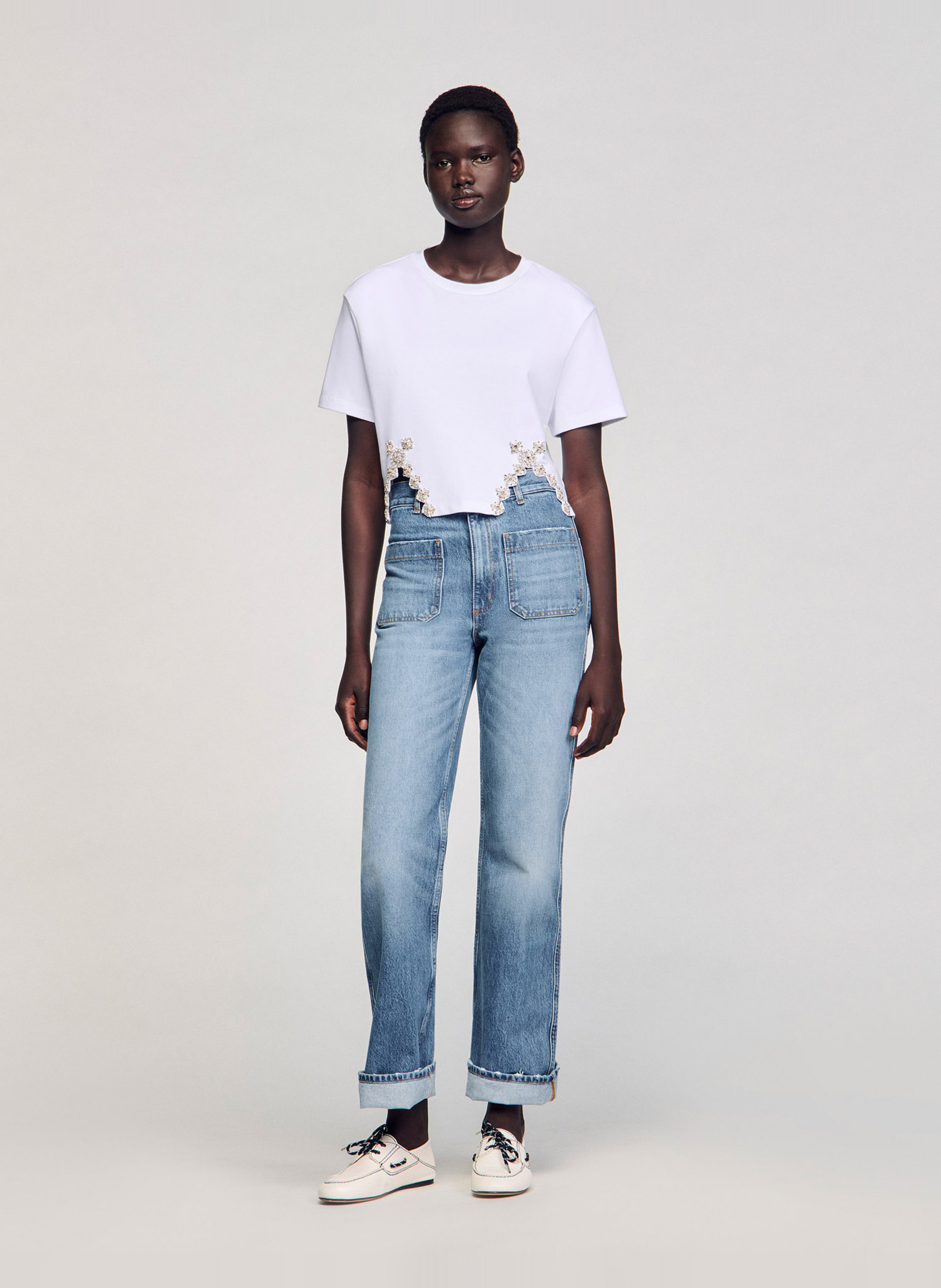 Tee-shirt court orné de strass en coton mélangé Blanc