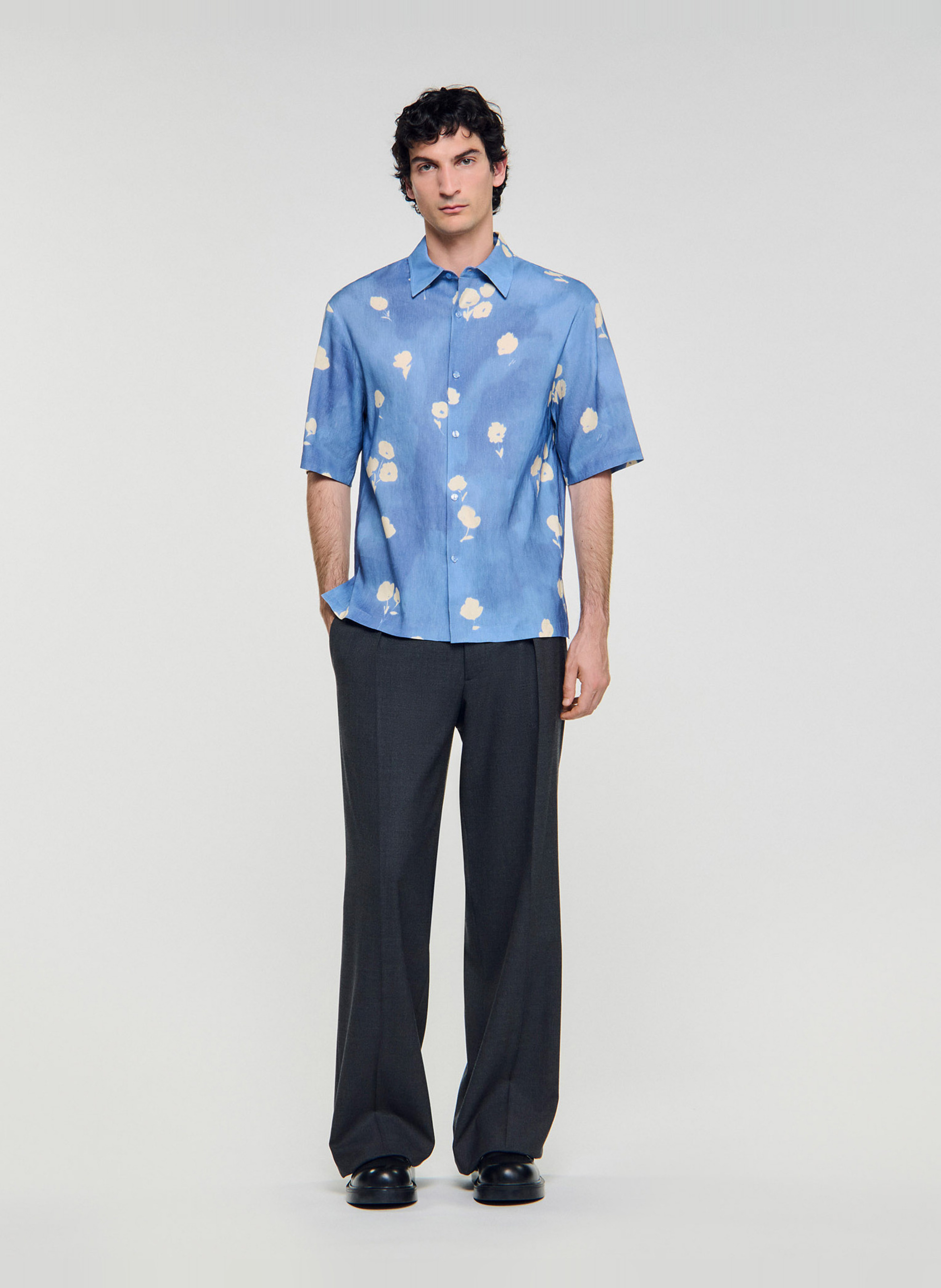 Chemise imprimé floral en lin SANDRO Bleu