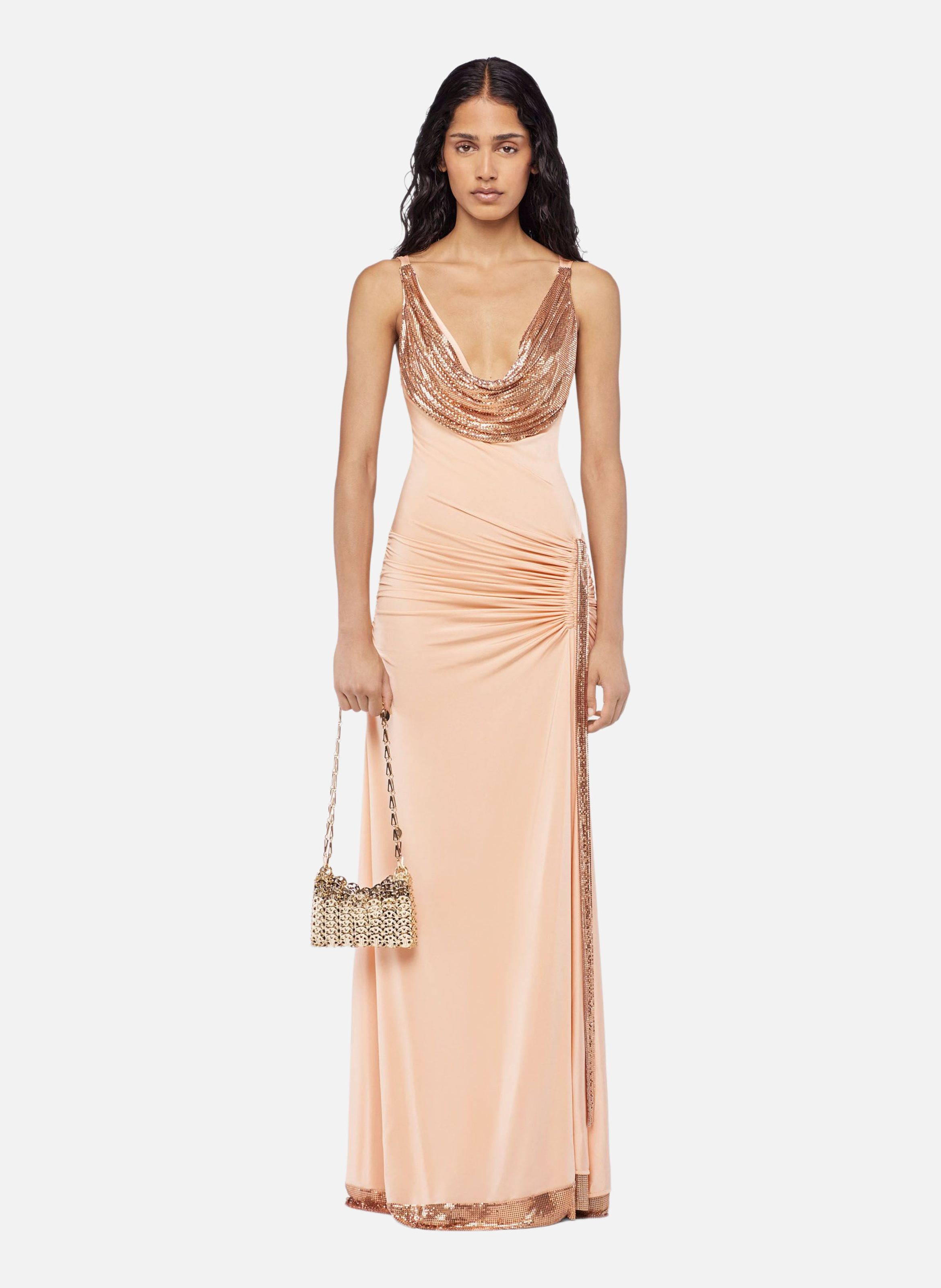 Robe longue en mesh et jersey RABANNE Rose