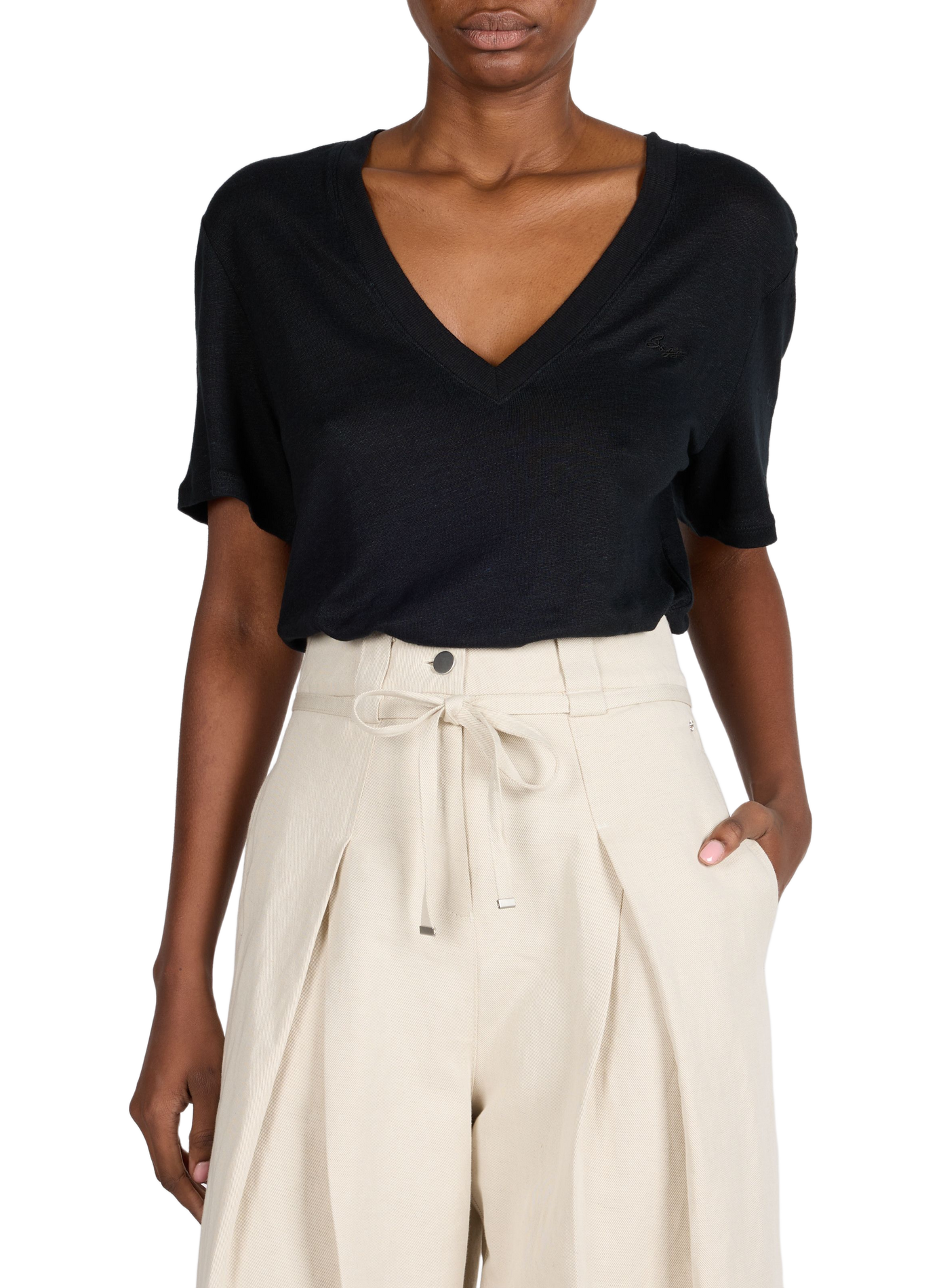 Linen V-neck T-shirt BOSS Black