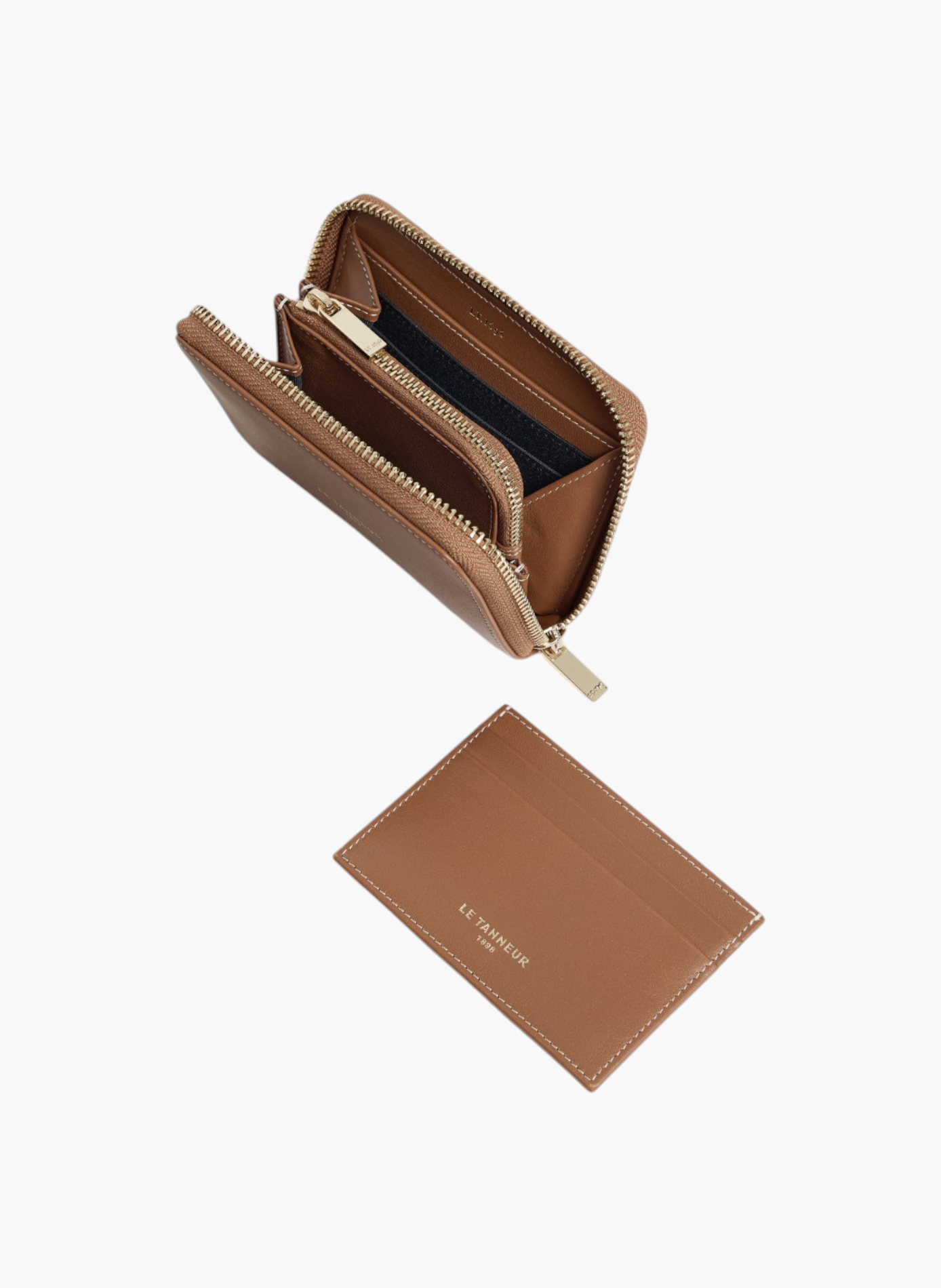 Porte monnaie zippé avec porte cartes amovible albertine en cuir lisse LE TANNEUR Marron