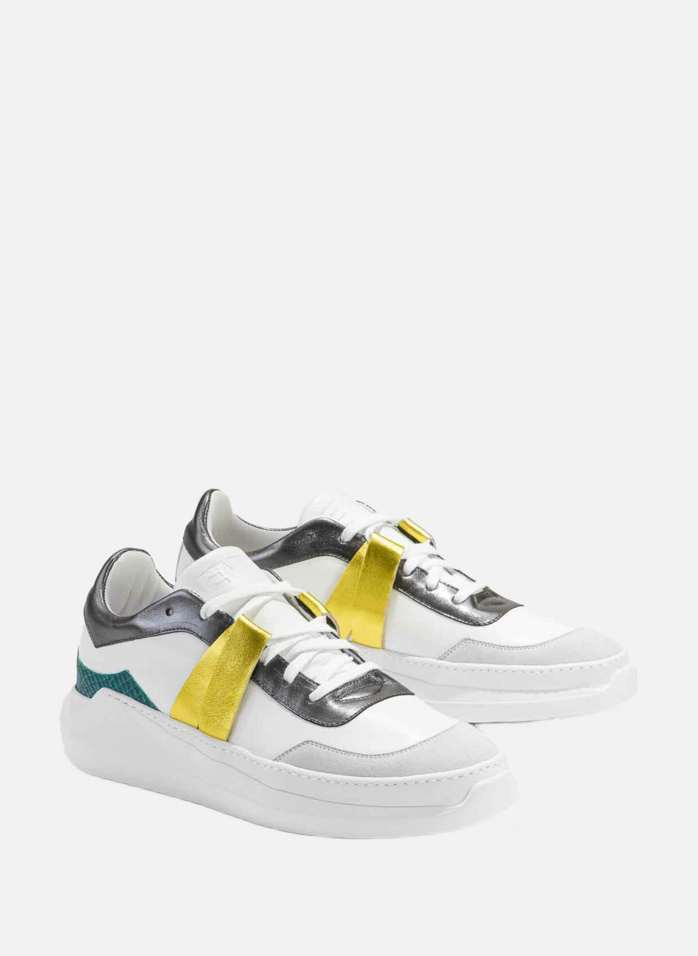 G225 : émeraude - sneakers en cuir lisse blanc avec empiècements gris, jaune et vert EVI Multicolore