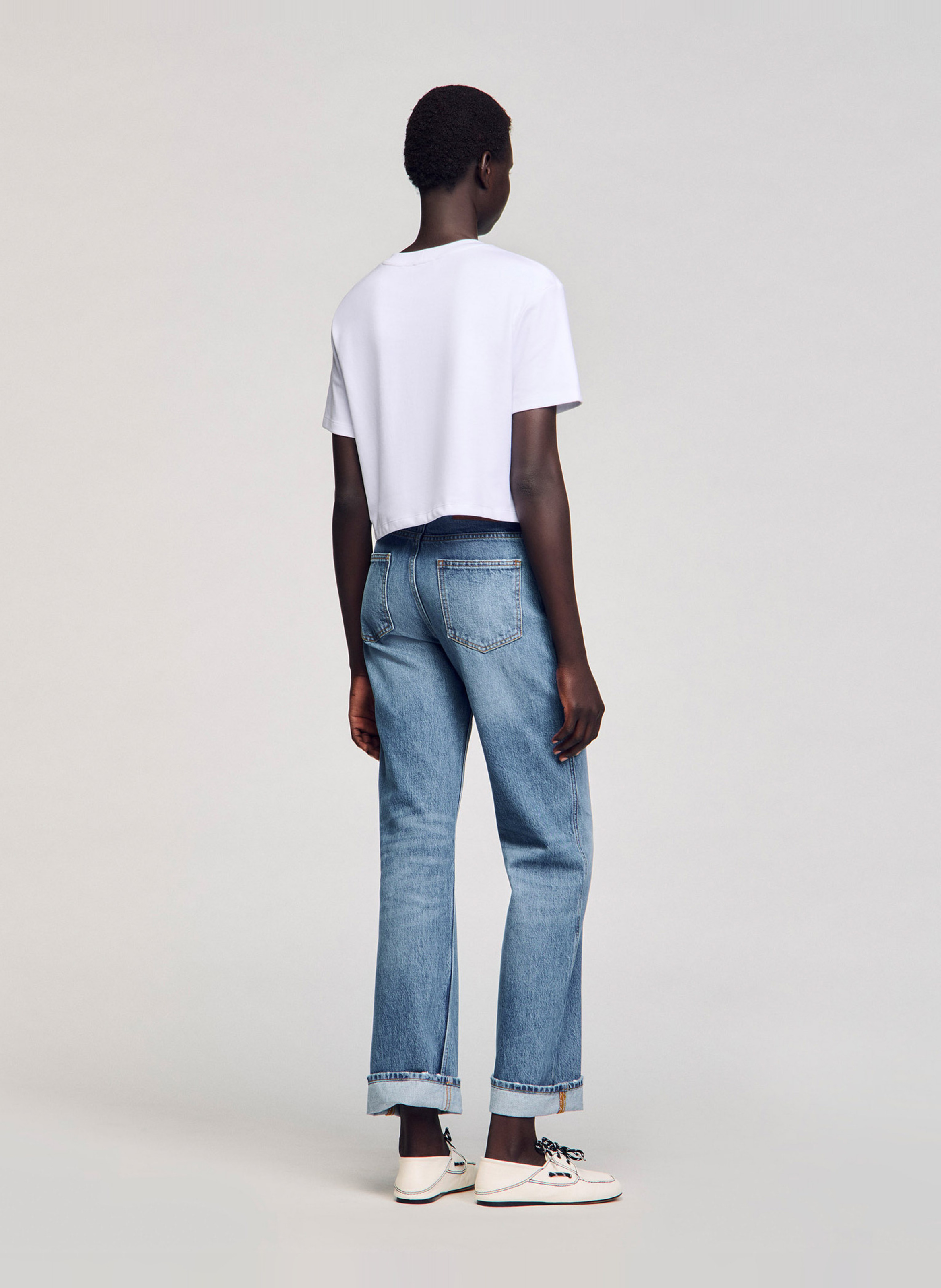 Tee-shirt court orné de strass en coton mélangé Blanc