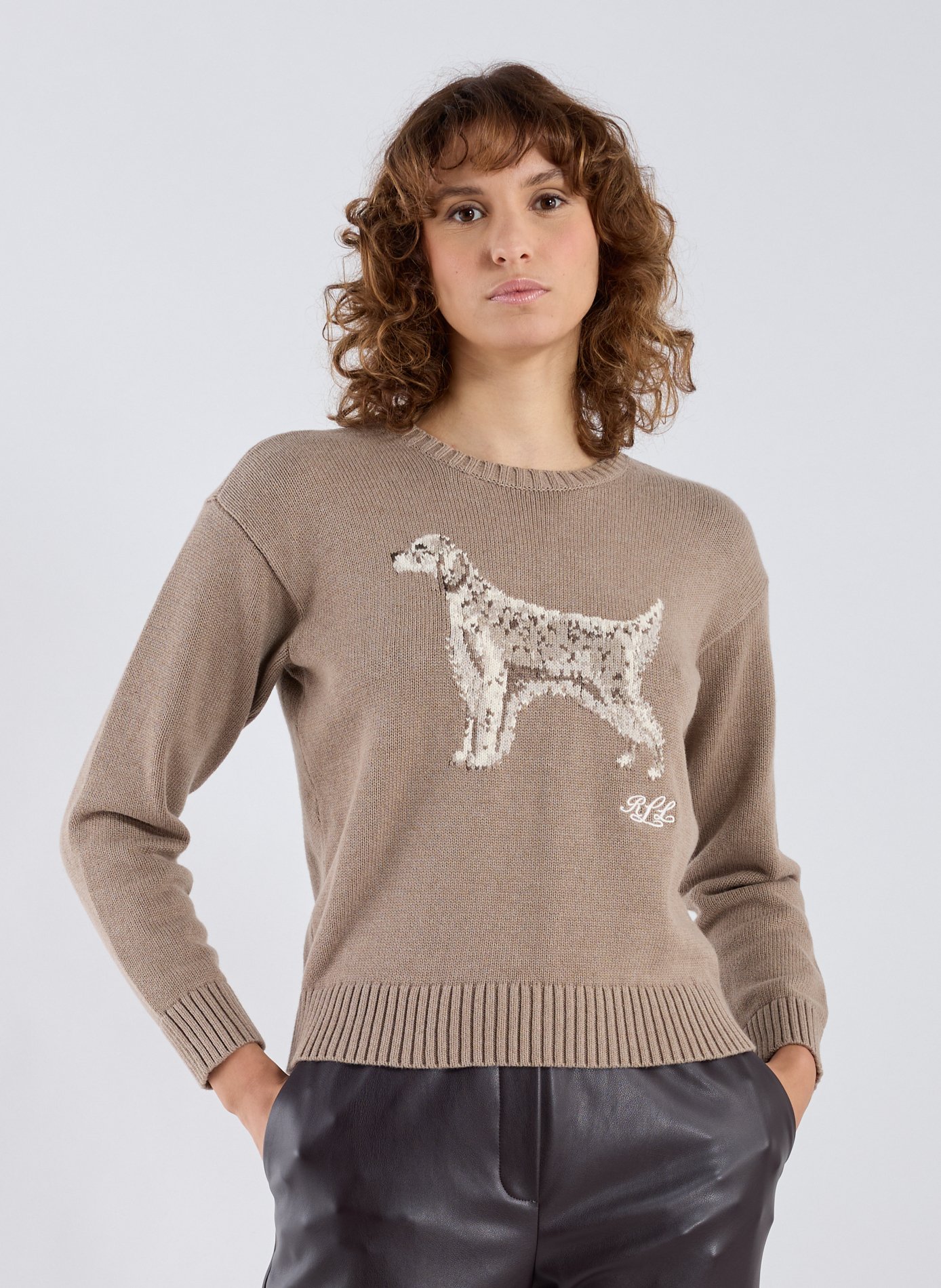 LAUREN Pull droit brodé en coton  Beige