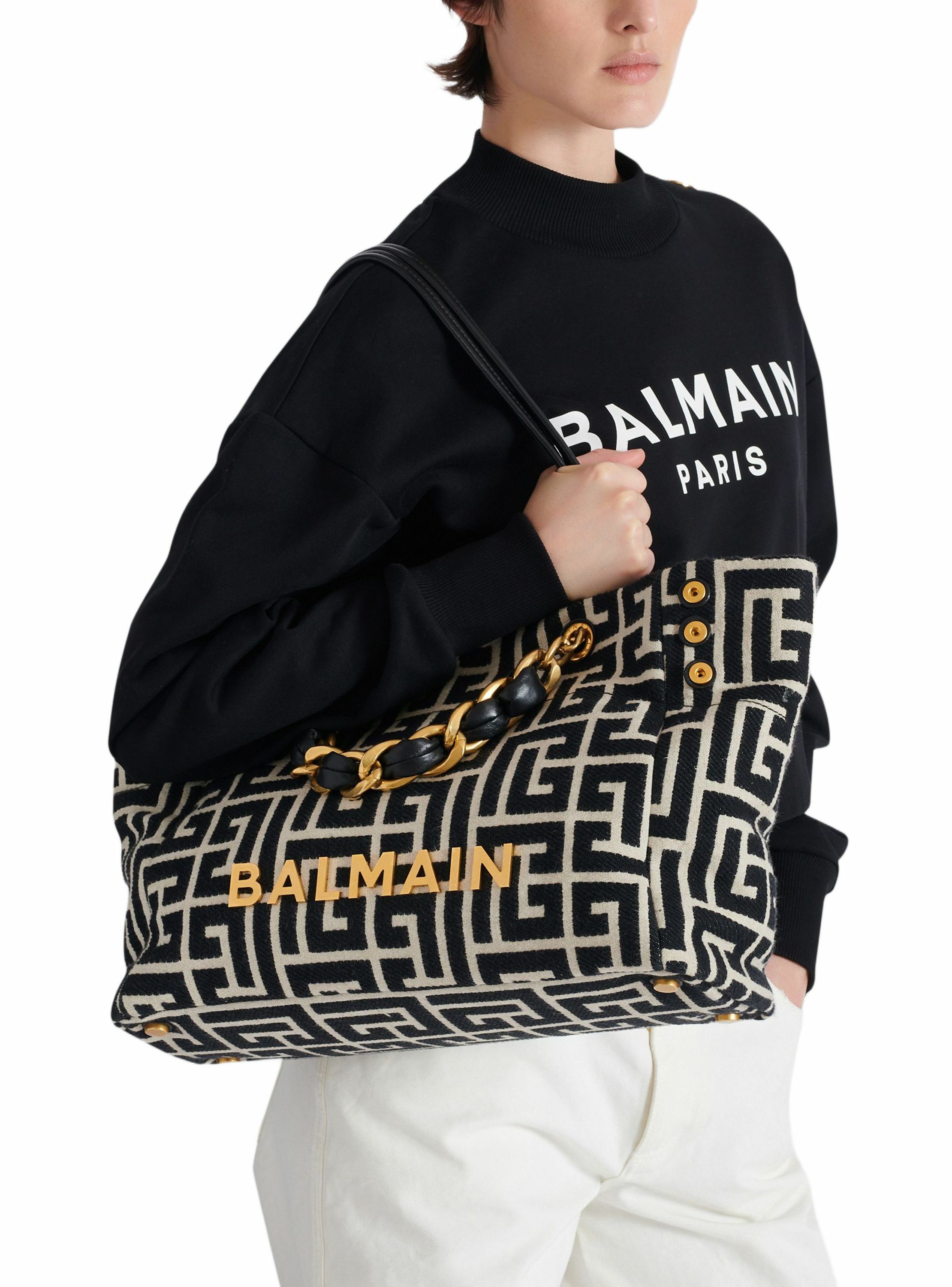 Sac cabas 1945 soft en toile jacquard à monogramme pb BALMAIN Noir