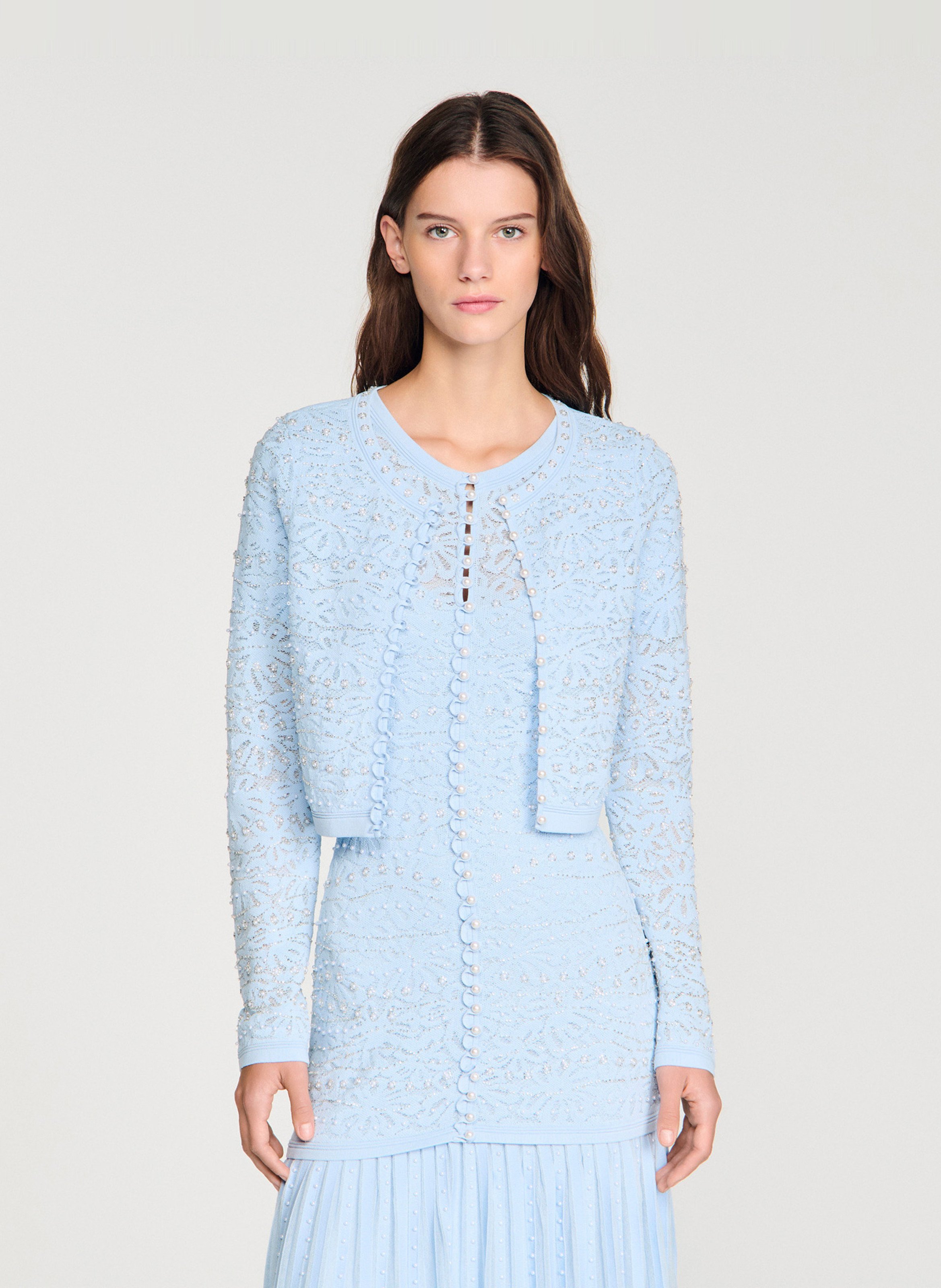 Cardigan court en maille brodée SANDRO Bleu