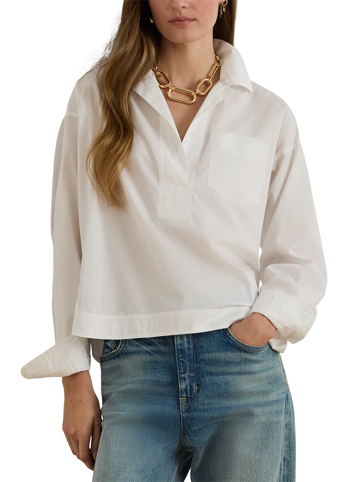 Chemise large à col tailleur en coton LAUREN Blanc