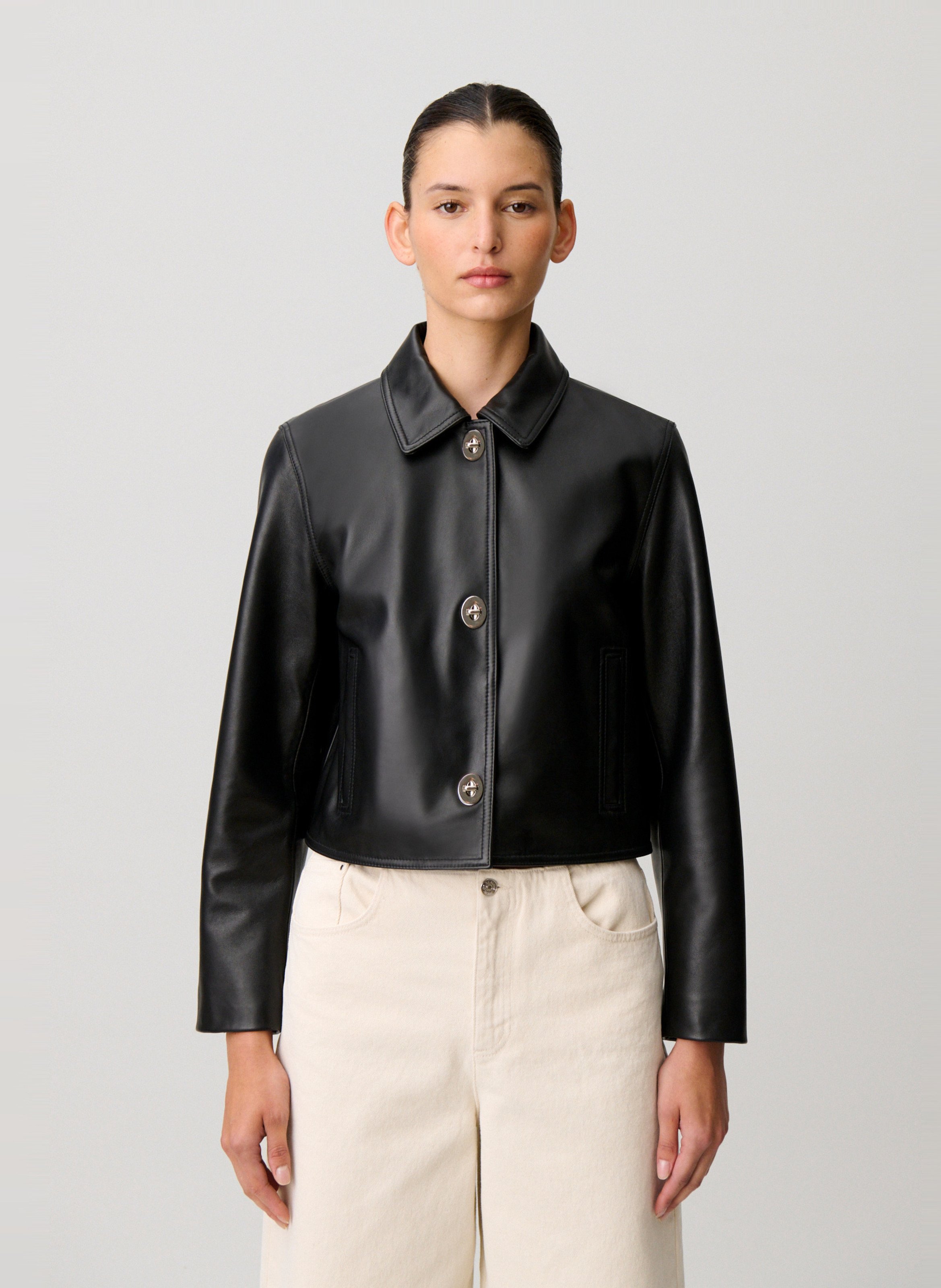 Veste droite col classique en cuir CLAUDIE PIERLOT Noir