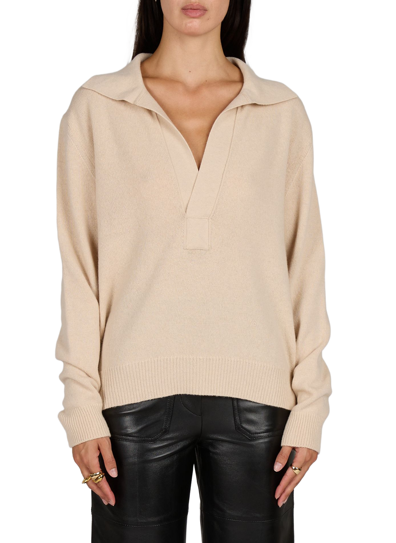 V-neck wool and cashmere sweater with lapel VICTORIA BECKHAM Beige