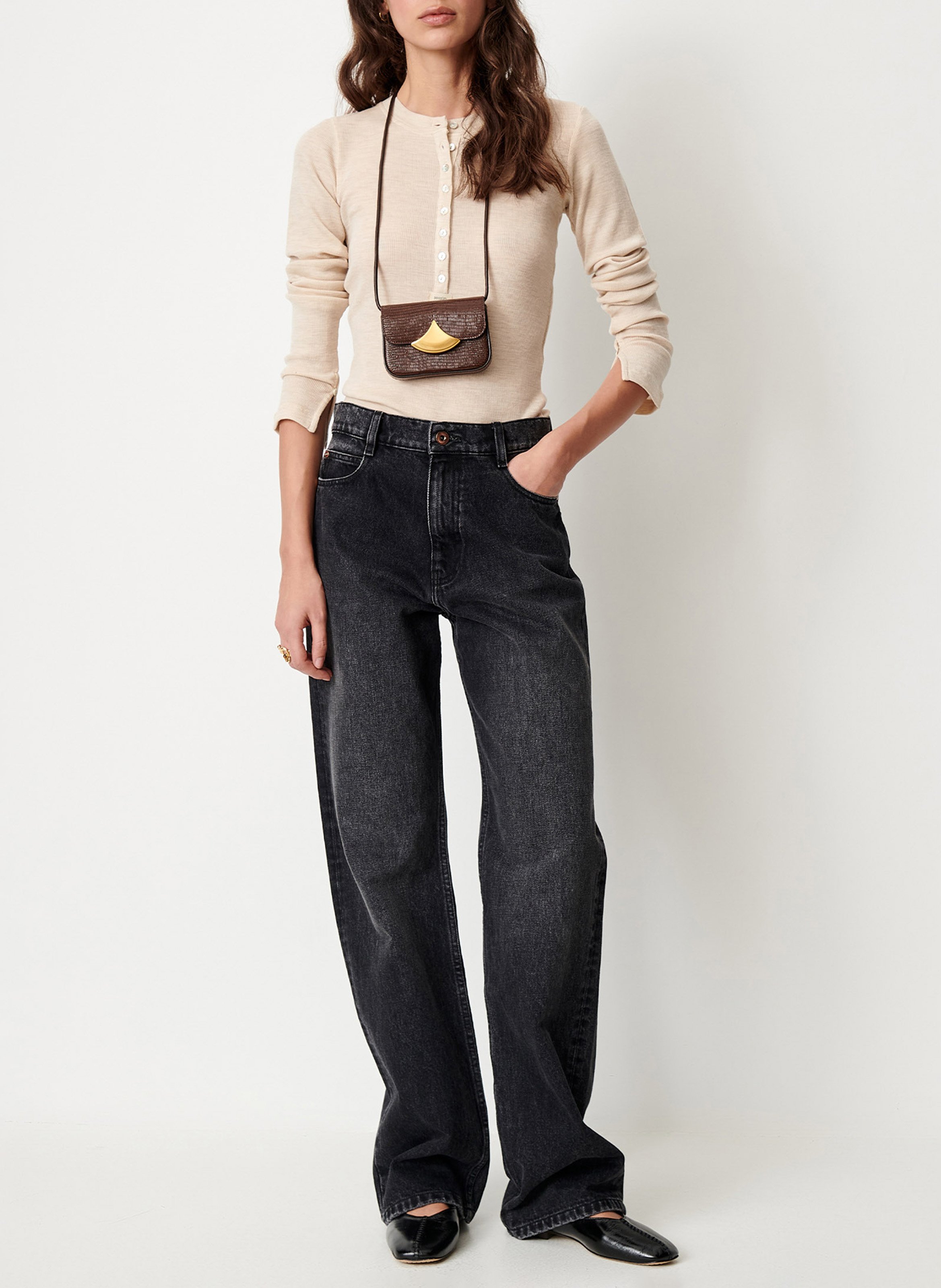 Top droit col rond en maille rafter SESSUN Beige