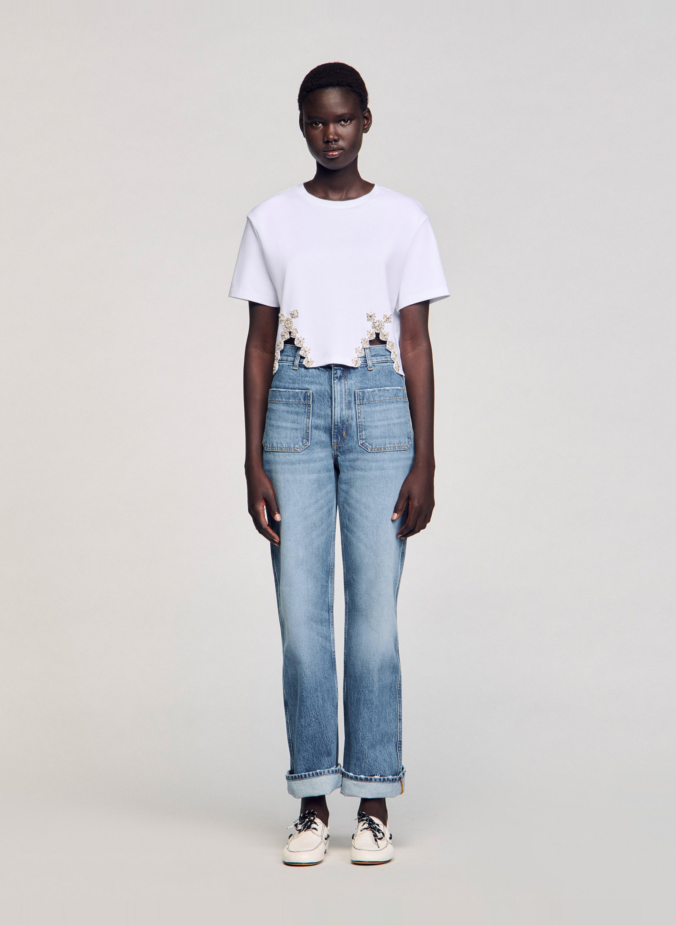 Tee-shirt court orné de strass en coton mélangé Blanc