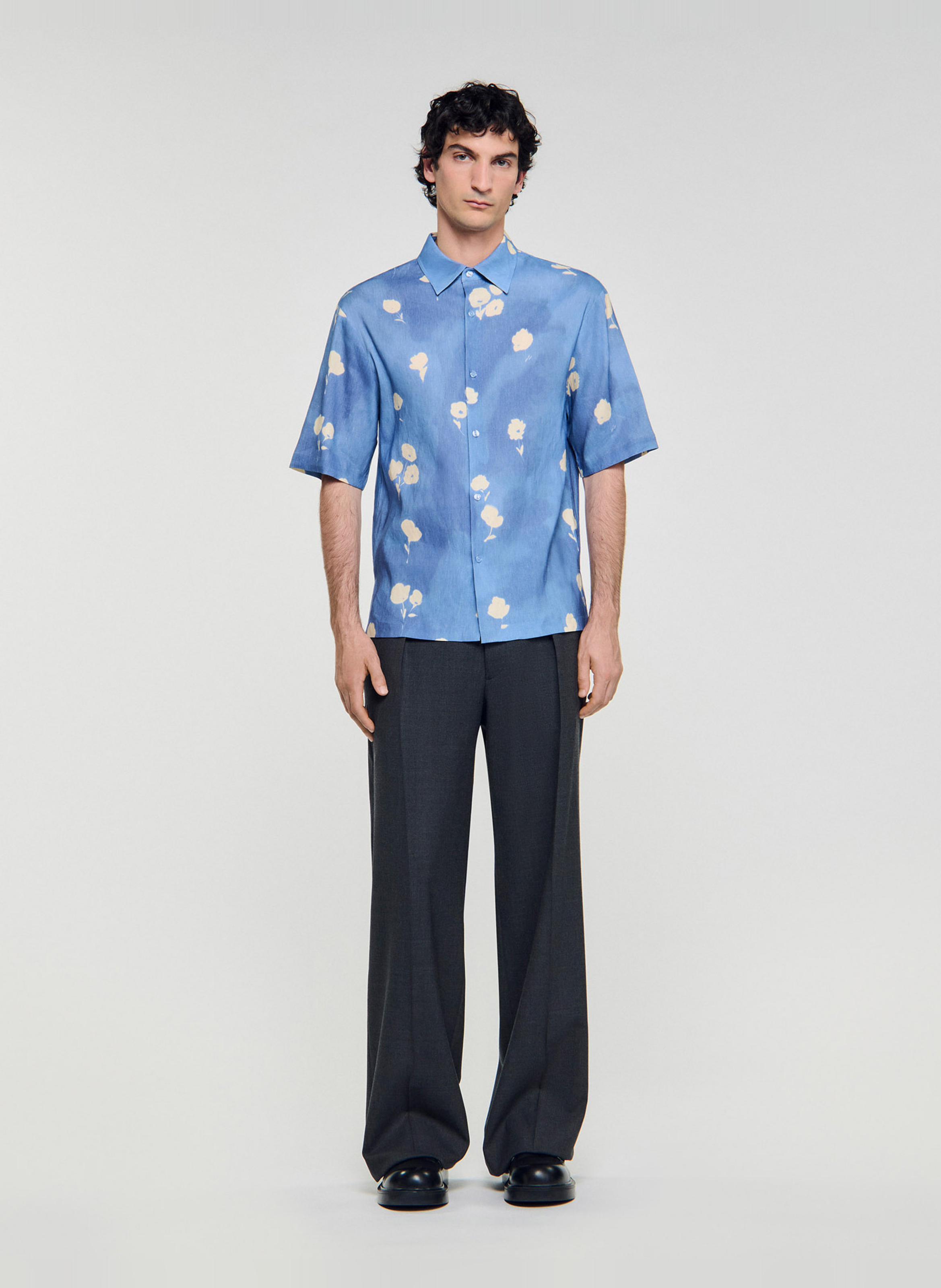 Chemise imprimé floral en lin SANDRO Bleu