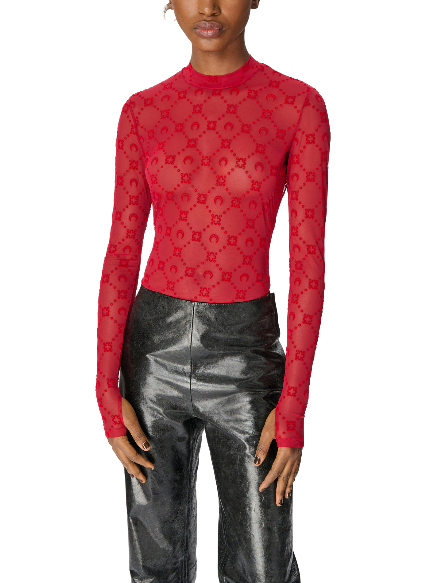 Top moonogram mesh floqué col montant manches longues MARINE SERRE Rouge